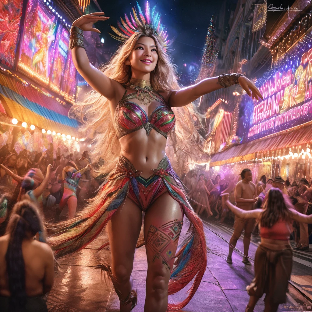 (best quality,4k,8k,highres,masterpiece:1.2),ultra-detailed,(realistic,photorealistic,photo-realistic:1.37),Gates McFadden (age 25),Carnivale costume,body paint,nude,colorful,body paint,decorative sequins,bright big feathers,night time Bangkok parade,energetic atmosphere,vibrant colors,sparkling lights,dazzling makeup,elaborate headpiece,detailed facial features,seductive gaze,confident smile,playful expression,exquisite craftsmanship,attention to detail,feather headdress,extravagant jewelry,eye-catching accessories,elaborate float floats,dancing crowd,thrilling music,energetic dance moves,joyful celebration,lively atmosphere,stylish and glamorous outfit,enchanting visuals,exotic culture,razzle-dazzle display,poise and elegance,mesmerizing performance,colorful backdrop,street performers,traditional dance forms,mystical charm,temporary tattoos,ornate patterns,fascinating artistry,exhilarating experience,numerous embellishments,exotic traditions,unique blend of cultures,vivid color palette,bustling streets,tropical night,electrifying energy,dynamic motion,memorable spectacle,festive celebration,unforgettable memory,unmatched beauty.