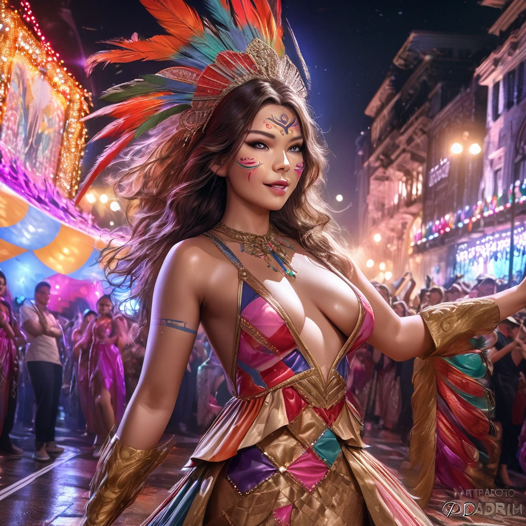 (best quality,4k,8k,highres,masterpiece:1.2),ultra-detailed,(realistic,photorealistic,photo-realistic:1.37),Gates McFadden (age 25),Carnivale costume,body paint,nude,colorful,body paint,decorative sequins,bright big feathers,night time Bangkok parade,energetic atmosphere,vibrant colors,sparkling lights,dazzling makeup,elaborate headpiece,detailed facial features,seductive gaze,confident smile,playful expression,exquisite craftsmanship,attention to detail,feather headdress,extravagant jewelry,eye-catching accessories,elaborate float floats,dancing crowd,thrilling music,energetic dance moves,joyful celebration,lively atmosphere,stylish and glamorous outfit,enchanting visuals,exotic culture,razzle-dazzle display,poise and elegance,mesmerizing performance,colorful backdrop,street performers,traditional dance forms,mystical charm,temporary tattoos,ornate patterns,fascinating artistry,exhilarating experience,numerous embellishments,exotic traditions,unique blend of cultures,vivid color palette,bustling streets,tropical night,electrifying energy,dynamic motion,memorable spectacle,festive celebration,unforgettable memory,unmatched beauty.