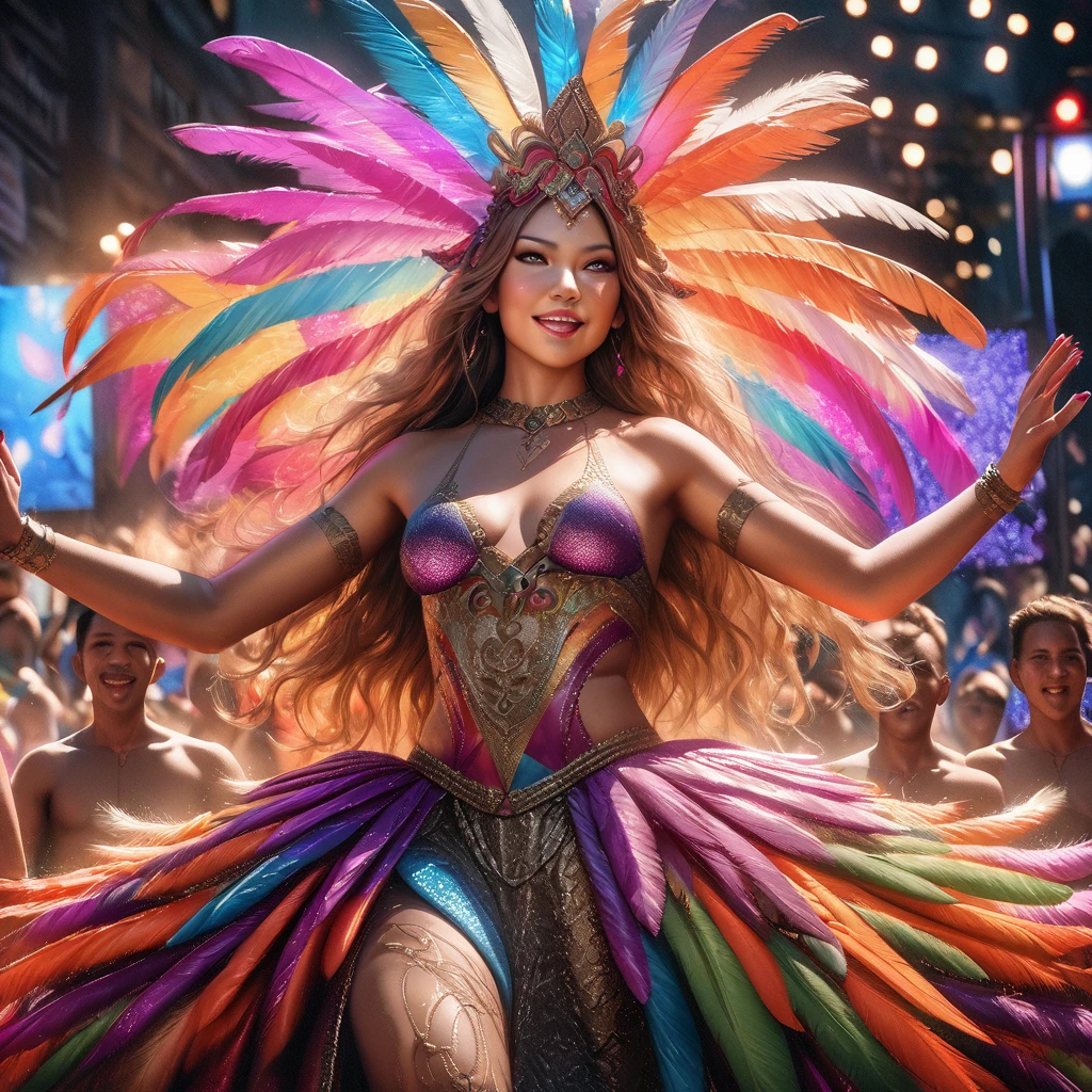 (best quality,4k,8k,highres,masterpiece:1.2),ultra-detailed,(realistic,photorealistic,photo-realistic:1.37),Gates McFadden (age 25),Carnivale costume,body paint,nude,colorful,body paint,decorative sequins,bright big feathers,night time Bangkok parade,energetic atmosphere,vibrant colors,sparkling lights,dazzling makeup,elaborate headpiece,detailed facial features,seductive gaze,confident smile,playful expression,exquisite craftsmanship,attention to detail,feather headdress,extravagant jewelry,eye-catching accessories,elaborate float floats,dancing crowd,thrilling music,energetic dance moves,joyful celebration,lively atmosphere,stylish and glamorous outfit,enchanting visuals,exotic culture,razzle-dazzle display,poise and elegance,mesmerizing performance,colorful backdrop,street performers,traditional dance forms,mystical charm,temporary tattoos,ornate patterns,fascinating artistry,exhilarating experience,numerous embellishments,exotic traditions,unique blend of cultures,vivid color palette,bustling streets,tropical night,electrifying energy,dynamic motion,memorable spectacle,festive celebration,unforgettable memory,unmatched beauty.