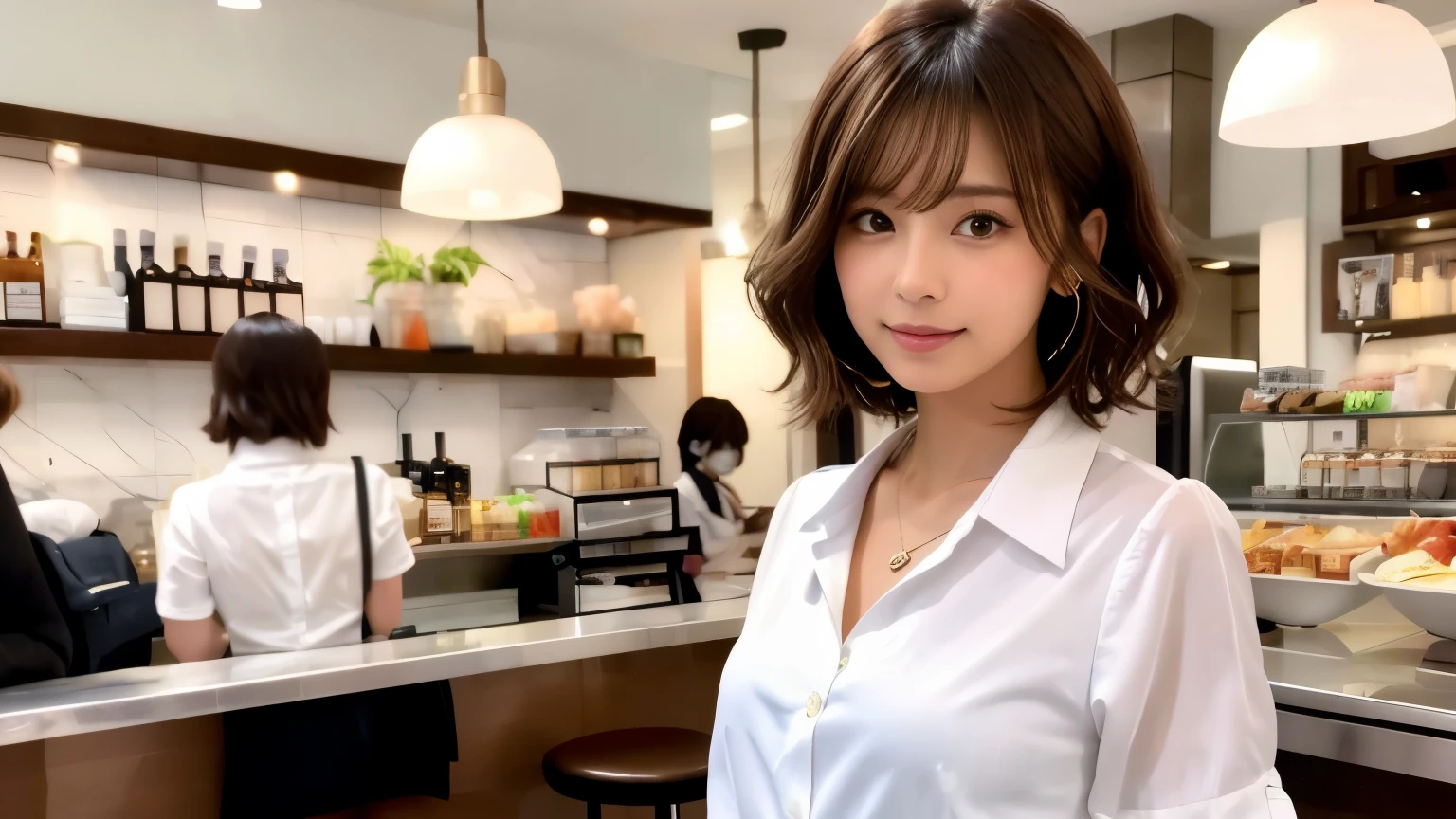 super high quality, Fashion Model, short hair, thin, The staff is working at the counter in the back.., (8k、RAW Photos、highest quality、masterpiece:1.2), Japanese Idols, Serious expression, Shaggy, Brown Hair, Stylish cafe, Fashion magazine shooting, (Realistic、Realistic:1.37), Beautiful Face , Mesh Hair, Normal chest, Urban Cafe, Golden Ratio, A gentle gaze, Spring Clothes, Beautiful hairstyle, White shirt, Dress neatly,