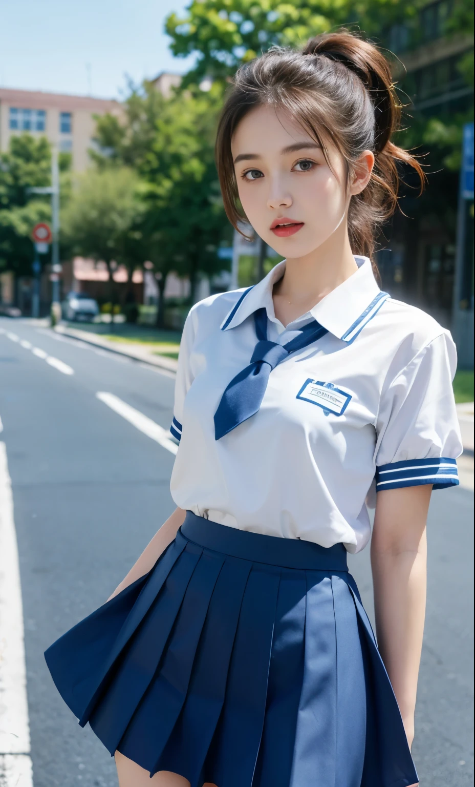 (8k resolution), (RAW photo), (best quality), (masterpiece:1.5), (photorealistic:1.5), (photorealistic)), vibrant detail, ultra-realistic, (cute: 1.2)((blue school uniform and skirt)), (jk)))), road, intersection, close up, knee, walking