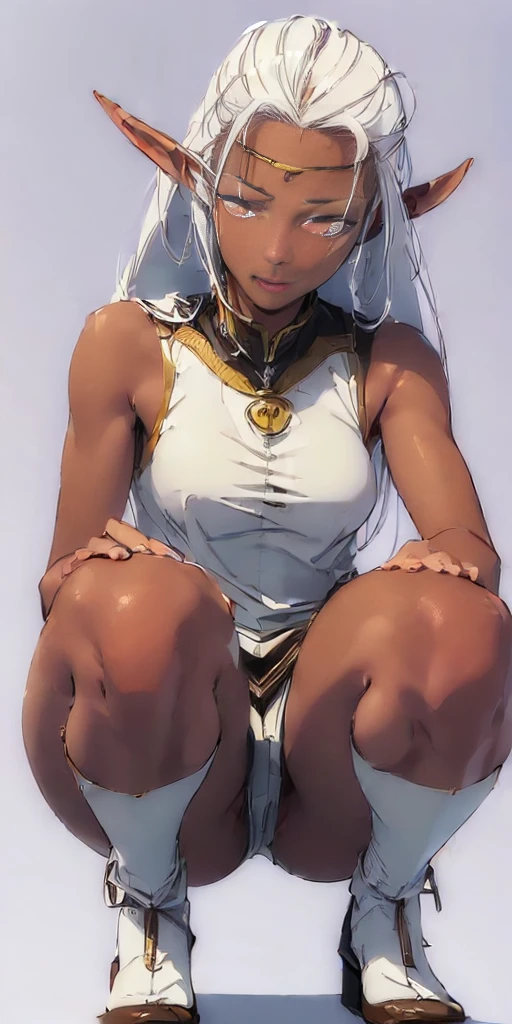 (((Plain background 1:2))) (masterpiece, high quality: 1.1) 1girl solo looking to the viewer, view from below, far shot, cow boy shot, squatting, (Pirotess (Record of Lodoss War) LORA) (dark elf dark skin)