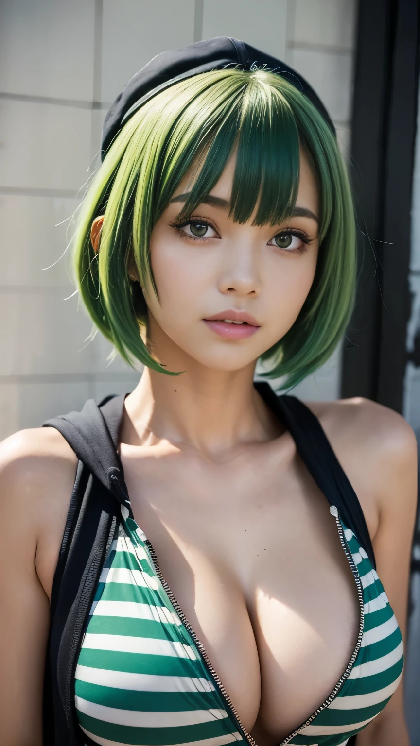 (head shot:1.5),highest quality, Little Woman, nice,whole body, , {{{Beautiful face in every detail}}}, Beautiful empathy (black) eye, Dead Rolling eye, (green) short hair, {Shaggy Cut}, bright (green) Highlighted Hair, Pink striped hair, Bare arms, Standing in front of a wall covered in hip hop graffiti, Pixie cut white hair, He is wearing a short tank top and an open-zipped hoodie..,I can see your chest,Nice ass,Wear a New Era cap