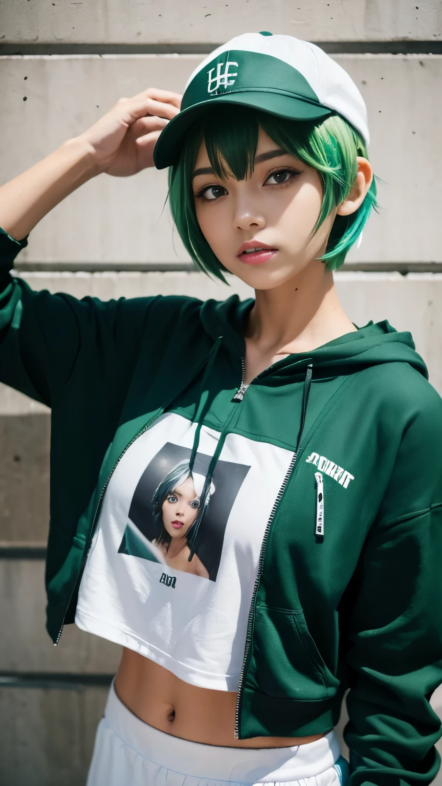 (head shot:1.5),highest quality, Woman, nice,whole body, , {{{Beautiful face in every detail}}}, Beautiful empathy (black) eye, Dead Rolling eye, (green) short hair, {Shaggy Cut}, bright (green) Highlighted Hair, Pink striped hair, Bare arms, Standing in front of a wall covered in hip hop graffiti, Pixie cut white hair, He is wearing a short tank top and an open-zipped hoodie..,I can see your chest,Nice ass,Wear a New Era cap