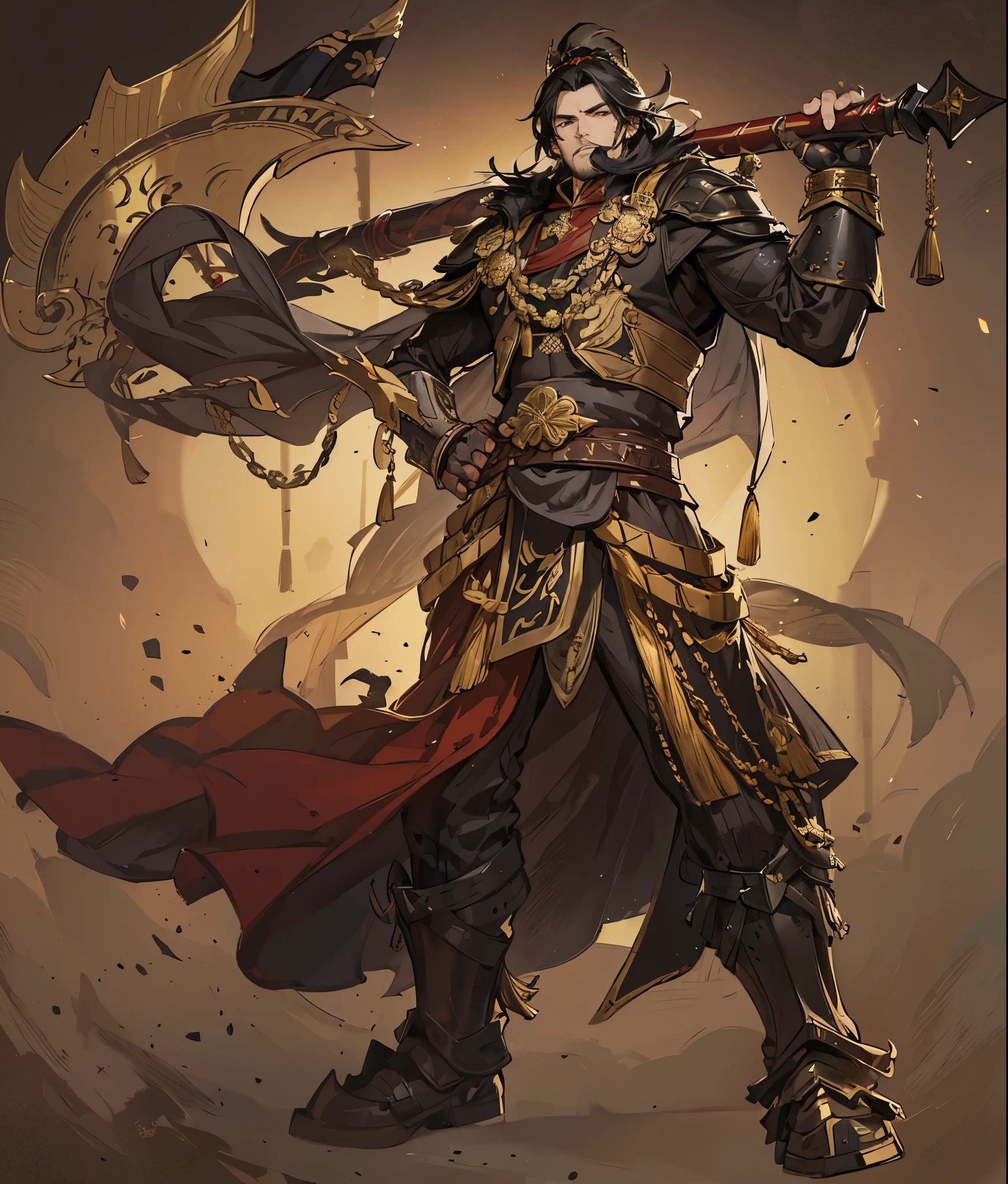male，Military commander,Dian Wei，Muscular man，Golden Axe，Black armor with gold trim，Red battle dress，No cape，Black hair，Three Kingdoms，warrior，Gray background，White background