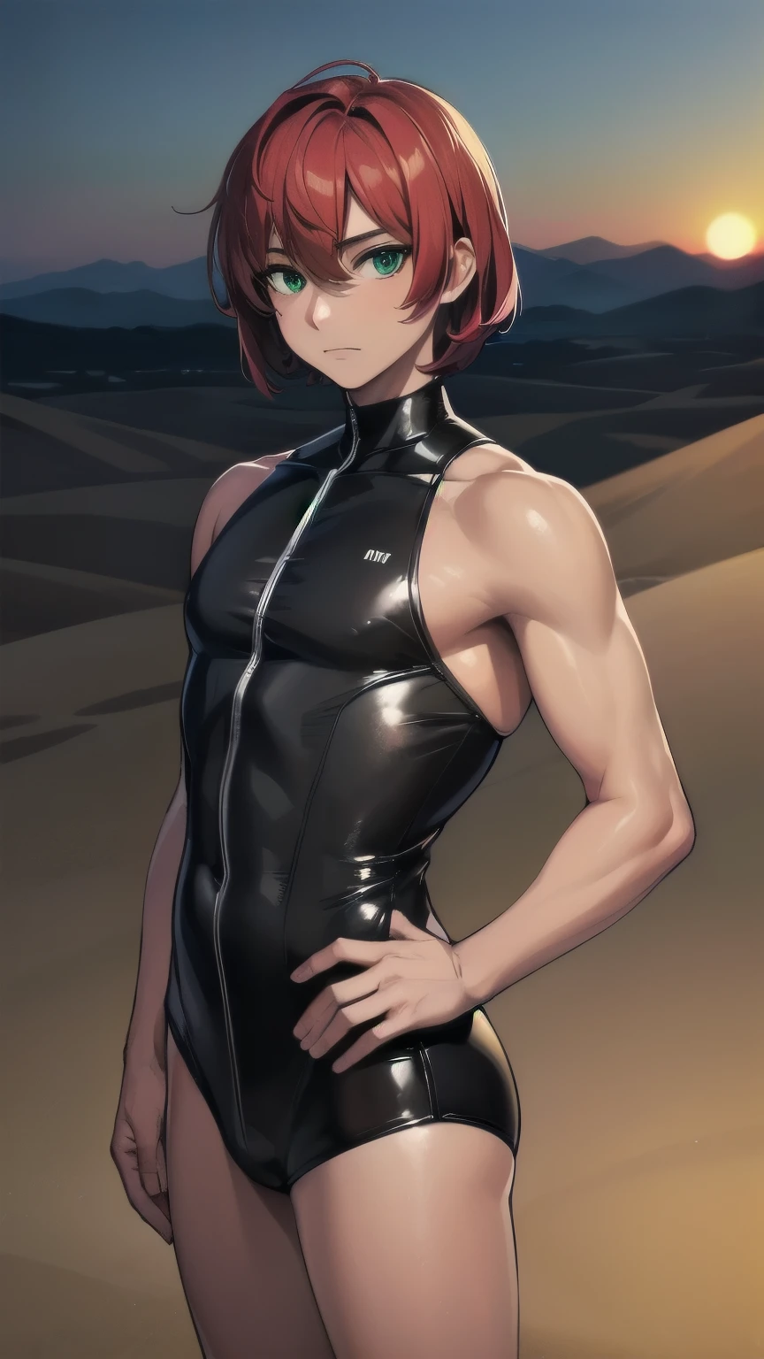 (masterpiece), ((sfw)), best quality, expressive eyes, perfect face, mature male, (1boy, adult Man, young adult, young man), solo, red hair BREAK bob cut, green eyes BREAK (tanned skin, tanned male), black bodysuit, desert, sand, landscape, sunset sky, bored face, standing 