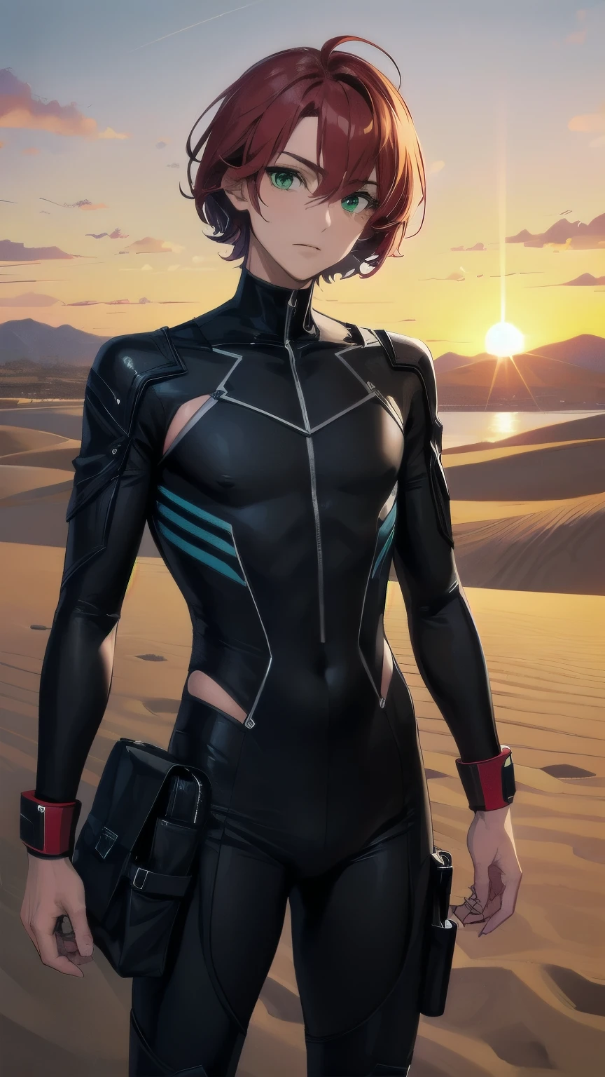 (masterpiece), ((sfw)), best quality, expressive eyes, perfect face, mature male, (1boy, adult Man, young adult, young man), solo, red hair BREAK bob cut, green eyes BREAK (tanned skin, tanned male), black bodysuit, desert, sand, landscape, sunset sky, bored face, standing
