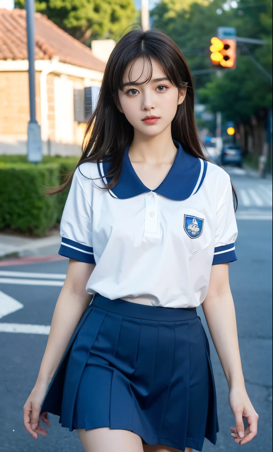 (8k resolution), (RAW photo), (best quality), (masterpiece:1.5), (photorealistic:1.5), (photorealistic)), vibrant detail, ultra-realistic, (cute: 1.2)((blue school uniform and skirt)), (jk)))), road, intersection, close up, knee, walking