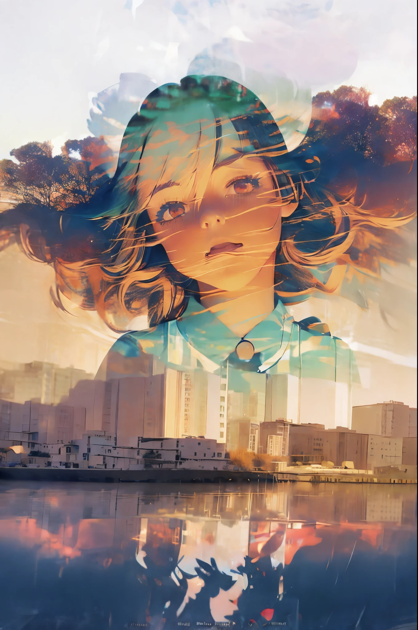 anime girl with headphones and city skyline reflected in water, makoto shinkai cyril rolando, reflections. by makoto shinkai, anime art wallpaper 4 k, anime art wallpaper 4k, anime art wallpaper 8 k, ilya kuvshinov landscape, in style of atey ghailan, artwork in the style of guweiz, atey ghailan 8 k