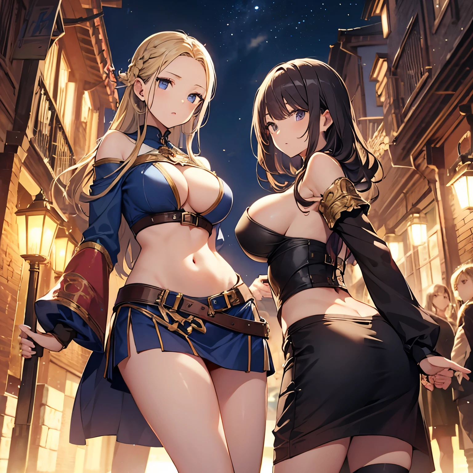 A group of female dancers set in a medieval fantasy setting、Dragon Quest、 (At the pub), Mr.々Hair style, Harem, night, Detailed aspect, skirt, Seduce, No sleeve、Off the shoulder、showing off panties、Huge Breasts、Big Ass、wide waist width、skirtをたくし上げている