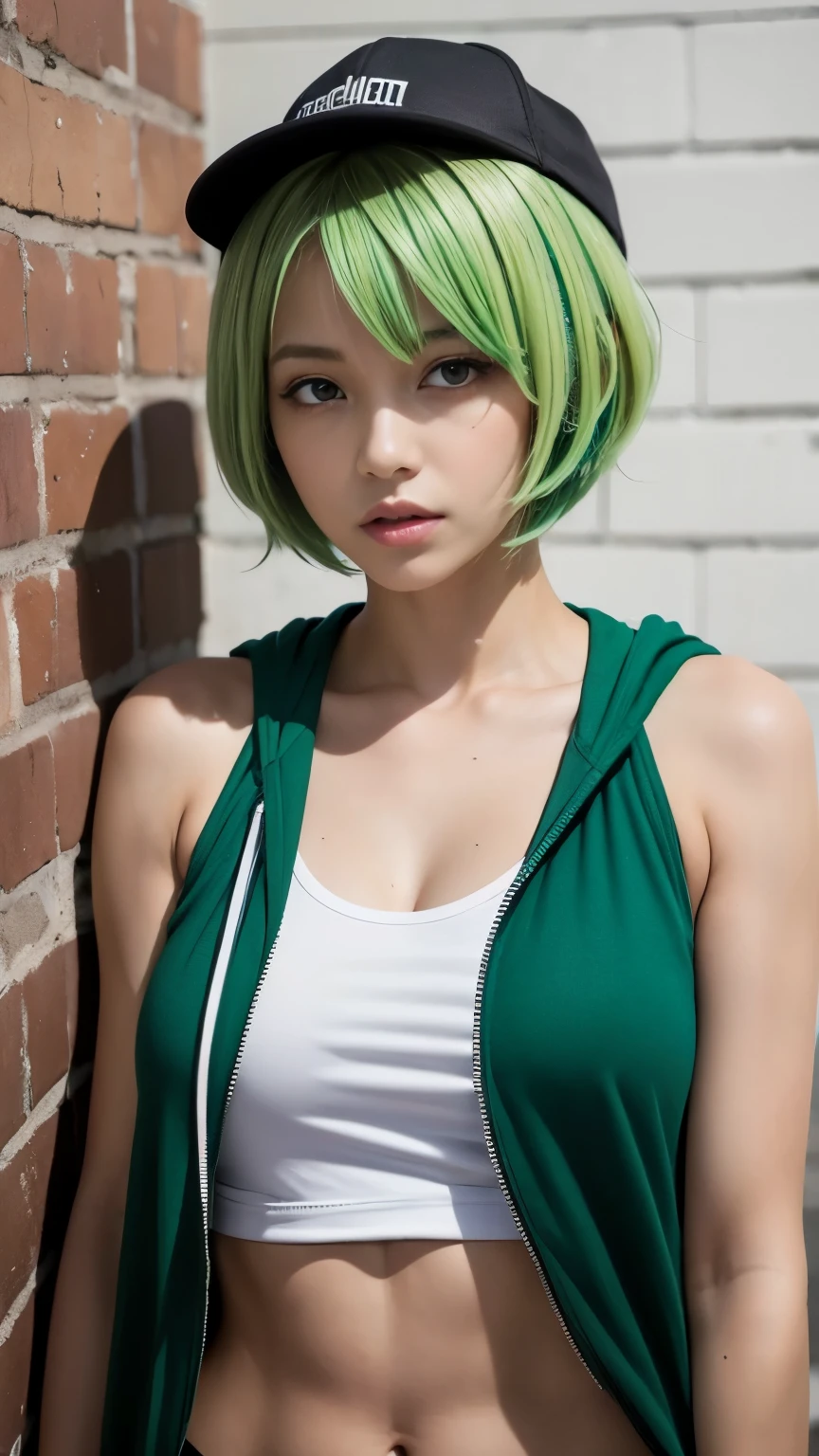 (head shot:1.5),highest quality, Little Woman, nice,whole body, , {{{Beautiful face in every detail}}}, Beautiful empathy (black) eye, Dead Rolling eye, (green) short hair, {Shaggy Cut}, bright (green) Highlighted Hair, Pink striped hair, Bare arms, Standing in front of a wall covered in hip hop graffiti, Pixie cut white hair, He is wearing a short tank top and an open-zipped hoodie..,I can see your chest,Nice ass,Wear a New Era cap