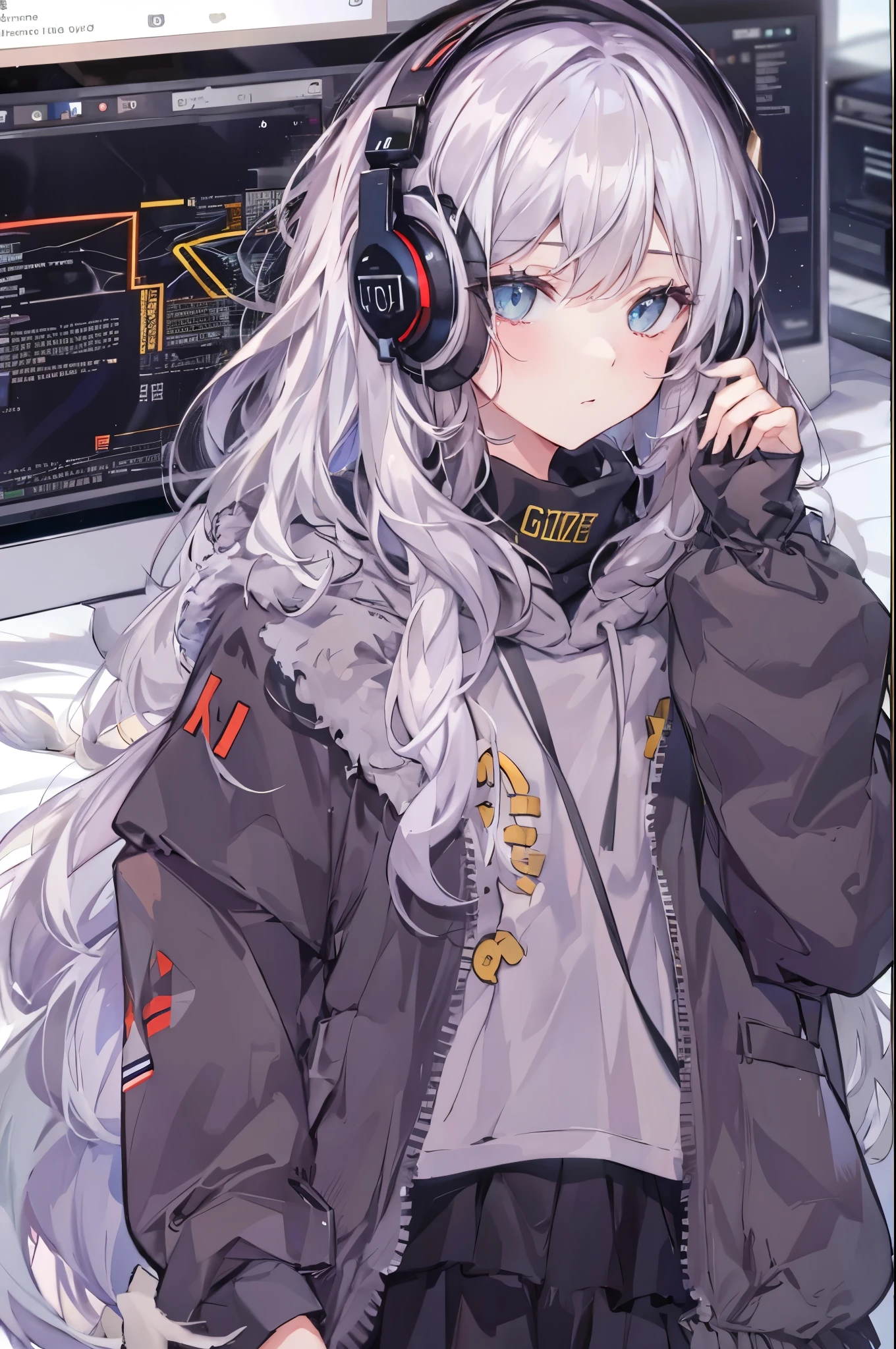 Golden Eyes、Woman using computer with big screen、Silver Hair、Semi-long hair、Wearing cool headphones,{{{{{{{{ Black hoodie oversized }}}}}}}},beautiful and delicate Golden Eyes,thought,Black clothes,
