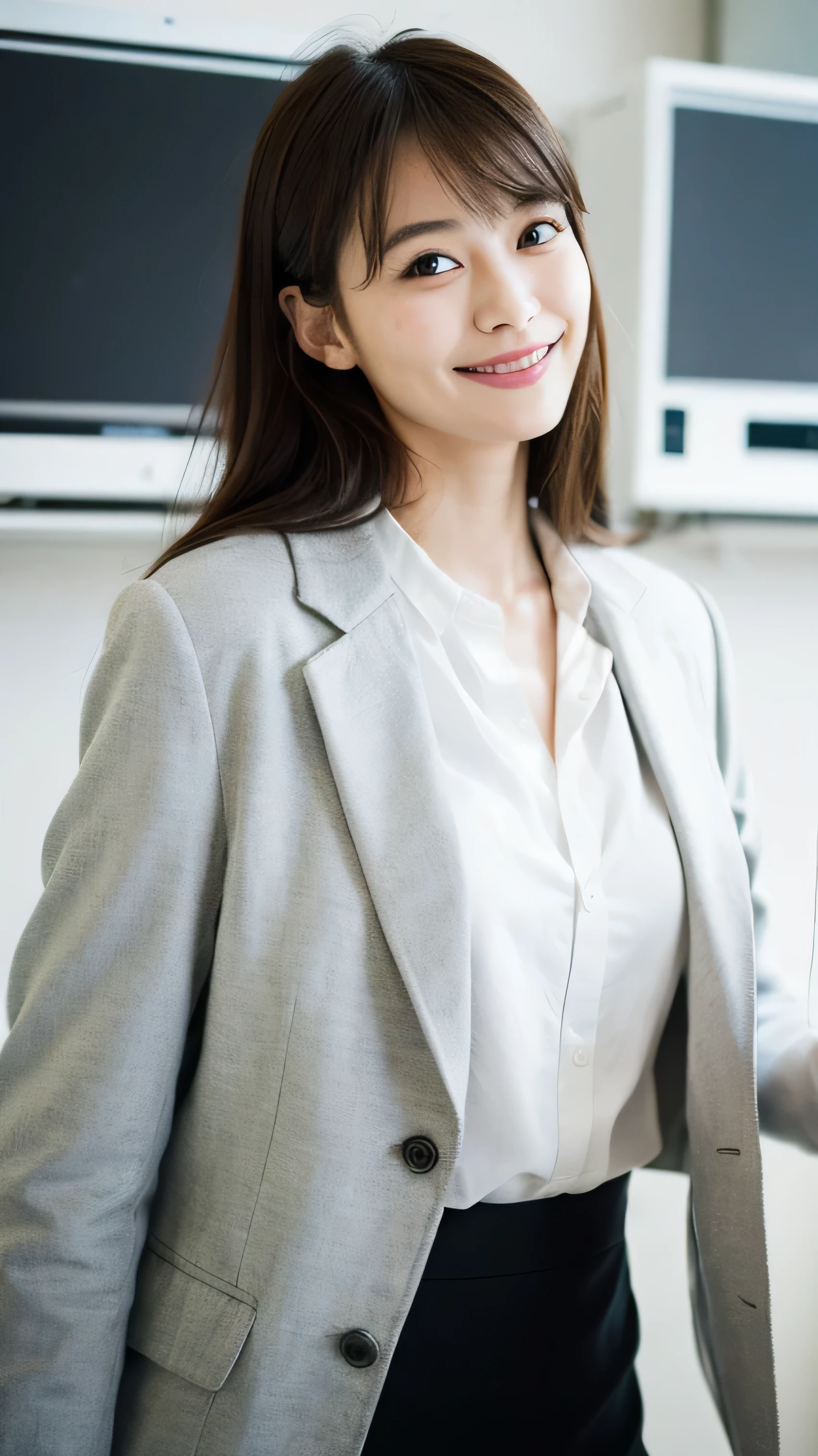 8k、RAW Photos、highest quality、masterpiece: 1.2)、Super detailed、Super Resolution、(Real、realPhoto: 1.37)、Portrait、High-resolution RAW color photos、Professional photos、Very detailed and beautiful、Very detailed、8k wallpaper、Amazing details、Huge file sizes、Official Art、Very detailed CG Unity 8K wallpaper、Very detailed美Shii女の子、Very detailed顔、Very detailed目、Very detailed肌、Very detailed指、Very detailed鼻、Very detailed mouth、Perfect Anatomy、Very detailed background、very detailed clothes、One girl、cute girl、Famous Japanese Idols、Cute and Real Body、White skin、Glowing Skin、Slim body、(Blunt bangs:1.2)、smile、cute、like々Shii、cute face、Real face、Delicate eyes、Droopy eyes、Camera Gaze、Contrapositive、Main Street、public、crowd、Dynamic lighting、Very large breasts、high school、classroom、teacher、Medium brown short hair、((View (View A: 1.1))、smile、(window)、blackboard、machine、beaker、microscope、Chair、((((Japan in the lab)))、suit、Grey Skirt、((((Simple white blouse))))、Half Up、From below、Side light、Are standing、(((Lower Body)))、(((Wearing a white coat)))