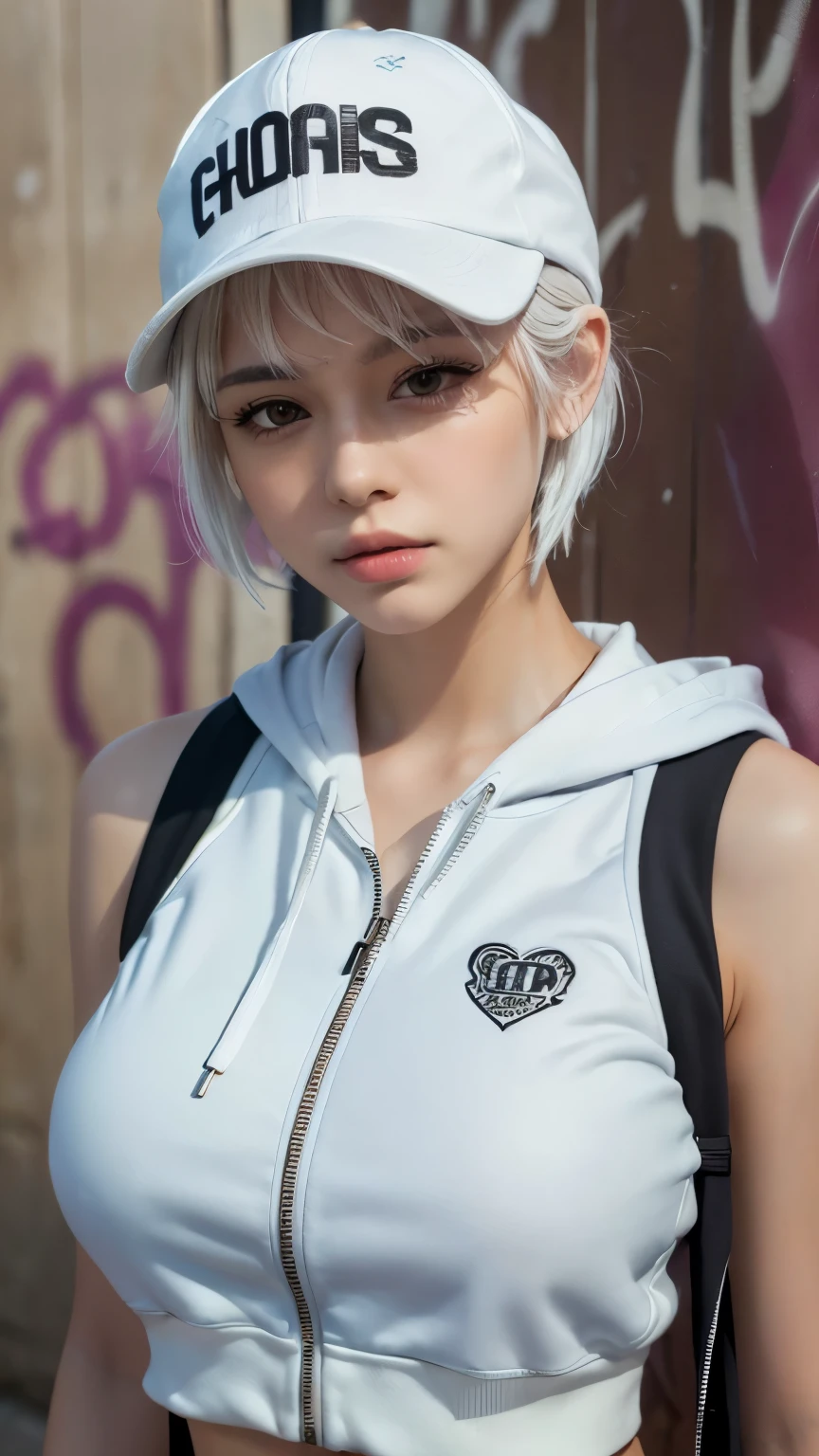 masterpiece, highest quality, Very detailed, 8k, Realistic, One Girl, alone, Tomboy, Very detailed face, (head shot:1.5), Standing in front of a wall covered in hip hop graffiti, Pixie cut white hair, He is wearing a short tank top and an open-zipped hoodie..,I can see your chest,Nice ass,Wear a New Era cap