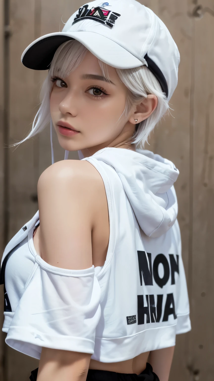 masterpiece, Highest quality, Very detailed, 8k, Realistic, One Girl, alone, Tomboy, Very detailed face, (head shot:1.5), Standing in front of a wall covered in hip hop graffiti, Cyberpunk neon cityscape,Pixie cut white hair, She is wearing a short neon tank top and an open hoodie....,I can see your chest,Nice ass,Wear a New Era cap