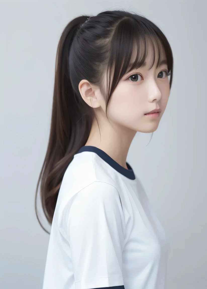 masterpiece,best quality,higher , 1girl, plain shirt, solo, gym uniform, realistic, plain white shirt, buruma,beautiful face,face focus,(simple background:1.3)