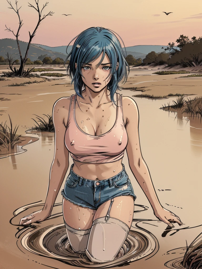 (vector image:1.2), (best quality), (highres), (masterpiece), (anime), (young age girl), (gloomy orgasm:1.1),(colored hair), (blush), (sporty top), ((stockings )), (denim shorts), ( drowned in quicksand bog), (red),sky, provocative sexual photo session pose, (touches herself in sensual places), (horny)