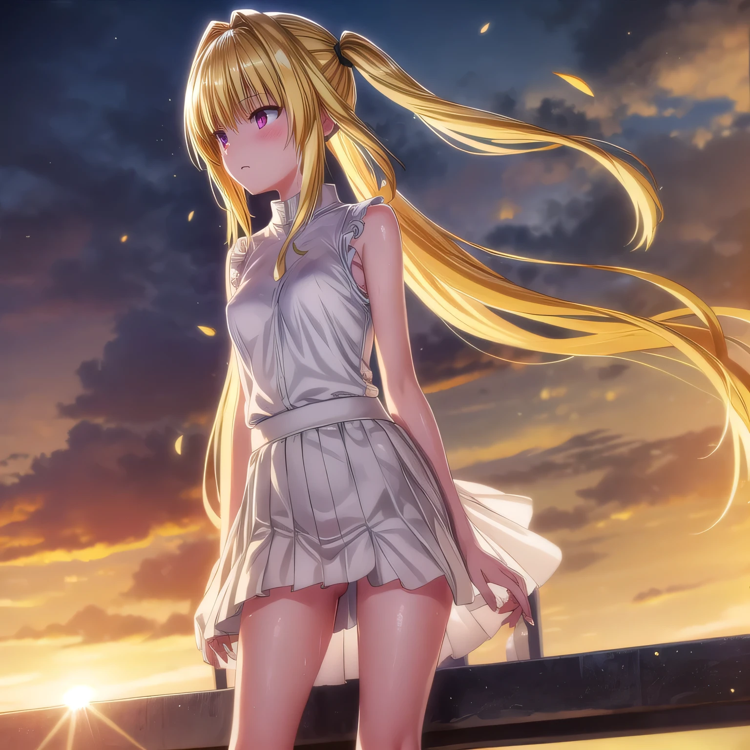 realistically, golden eyes, twintail, glowing eyes, golden hair, white short skirt, extra short skirt, Blush, daytime, Wet, see through, sleeveless shirt, , pussy, rass, Sit with your knees raised, windy, yami, the skirt is turned up, highest quality, High resolution, highly detailed face, bare crotch, highest detailed CG, perfect hands, perfect anatomy, wind blow skirt up, medium breast