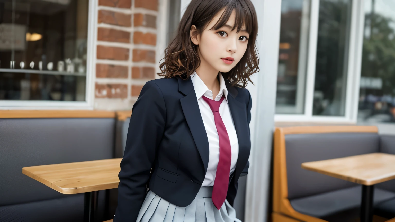 8k, highest quality, The real picture, Intricate details, Very detailed, Ultra-high resolution, Depth Field,(Realistic,Realistic:1.2),Tabletop , Front shot , Shot in a fashionable café , girl, とても美しい17歳のgirl, Innocent big eyes,、Beautiful breasts:1.5、Very detailedな目:1.2)、(Beautiful breasts:1.1)、Wavy Hair、Curly Hair、bangs、, Perfect Skin, Fair skin, Tight waist, Lightly reddish, View your viewers,((School_uniform),(blazer), (White shirt、Wear a tie), (Grey pleated skirt), (Sculptural installation :1.1), Urban cafe space