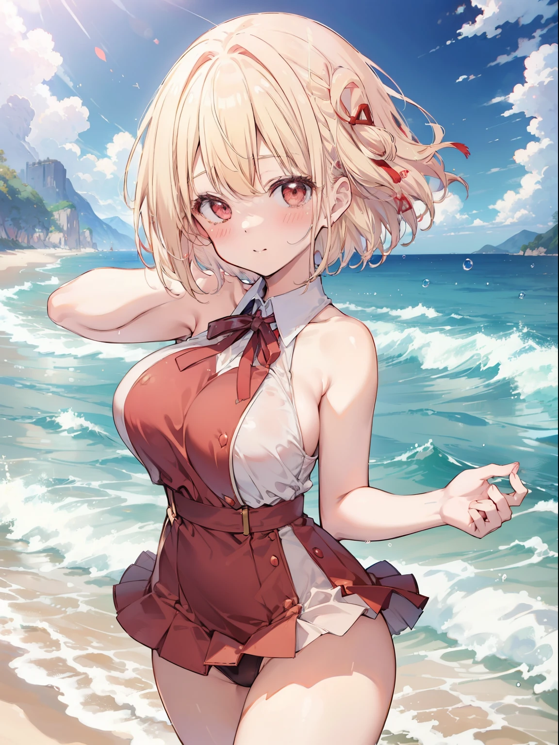 Chisato Nishikigi、Good looking girl (Short blonde hair with square bangs, Big Red Eyes, Red ribbon,blush, Perfect Face), independent , looking at the camera, masterpiece, Anime art style, Cute Characters, Most detailed, high quality、Nico Nico Smile、Wearing a sexy bikini、Playing in the sea