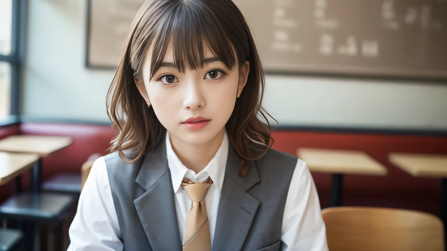 8k, highest quality, The real picture, Intricate details, Very detailed, Ultra-high resolution, Depth Field,(Realistic,Realistic:1.2),Tabletop , Front shot , Shot in a fashionable café , girl, とても美しい17歳のgirl, Innocent big eyes,、Beautiful breasts:1.5、Very detailedな目:1.2)、(Beautiful breasts:1.1)、Wavy Hair、Curly Hair、bangs、, Perfect Skin, Fair skin, Tight waist, Lightly reddish,  View your viewers,((School_uniform),(blazer), (White shirt、Wear a tie), (Grey pleated skirt), (Sculptural installation :1.1), Urban cafe space