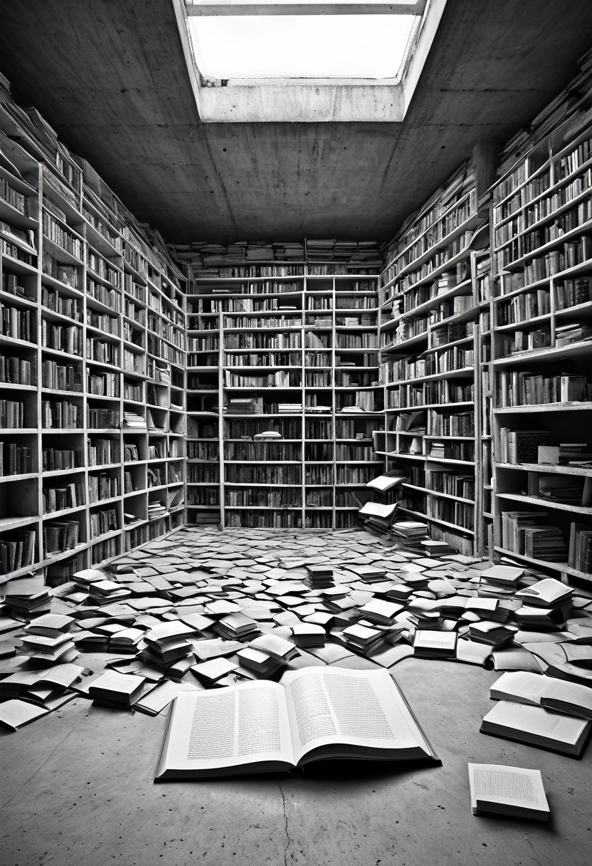 Surrealism,Empty concrete room,Monochrome,Book,Disorganized,