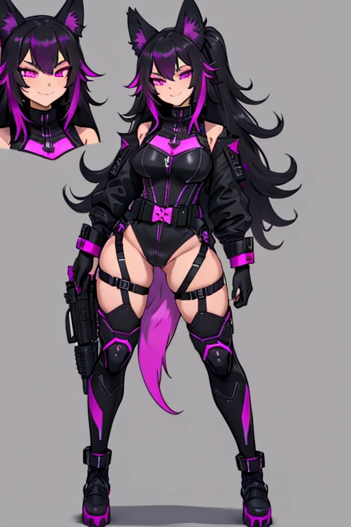 female, black long hair with magenta highlights, silver eyes, black wolf ears, black wolf tail (((1girl))), (((black tactical suit with magenta trim))), (black gloves), (black thigh high tactical belt), (black boots), cute and sexy, full body, large breasts, large butt, long legs, smiling