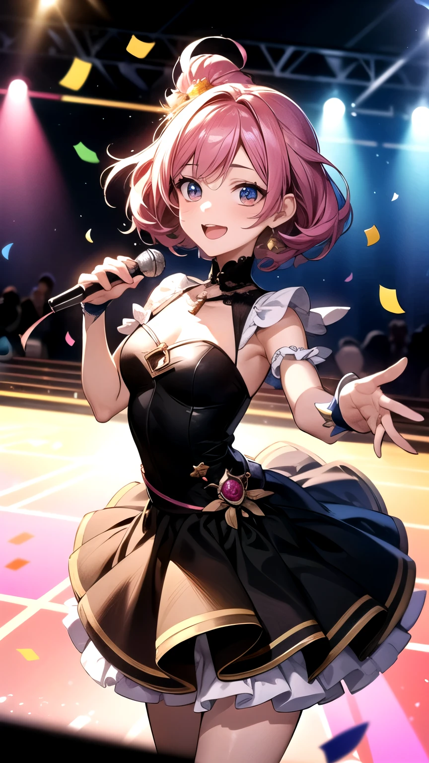 Always with Idol,(Best Quality:1.1)(Masterpiece:1.4),Colorful Costume,Gorgeous,Tokyo Dome,Safe,Radiance,Glitter,Adult,Female,Solo,(Middle Thorax:1.1), Smile, Watch Audience,Microphone Hold,On Stage,Idol,Beauty