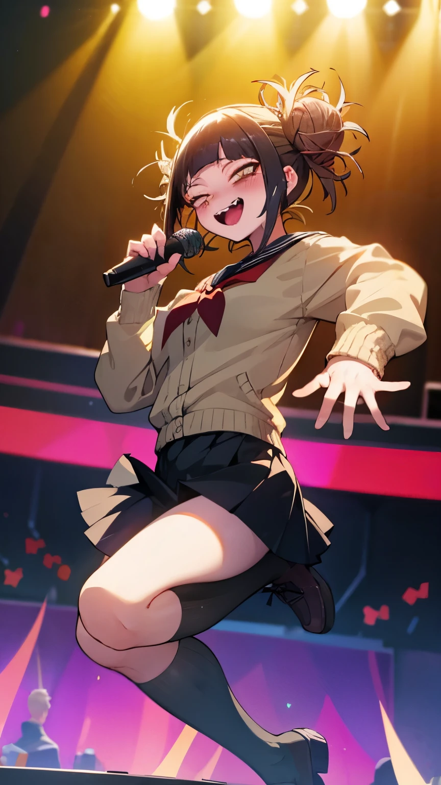 This is a picture of a girl singing on stage while looking at her fans., masterpiece, 8k, Highly detailed concert background, Highly detailed crowded fan scenario, anime Idol, Idol, Black Hair, Sharp eyes, Sharp Face, Black Shirt, Black Skirt, fully raise one leg,、Place the other foot on the floor, One arm pointing towards the fans、With his other arm he is holding the microphone to his mouth, Open your mouth, Bare your fangs, smile, Blushing