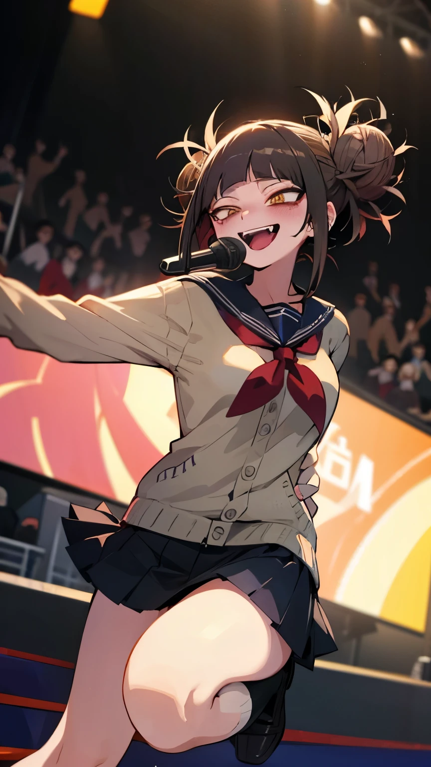 This is a picture of a girl singing on stage while looking at her fans., masterpiece, 8k, Highly detailed concert background, Highly detailed crowded fan scenario, anime Idol, Idol, Black Hair, Sharp eyes, Sharp Face, Black Shirt, Black Skirt, fully raise one leg,、Place the other foot on the floor, One arm pointing towards the fans、With his other arm he is holding the microphone to his mouth, Open your mouth, Bare your fangs, smile, Blushing