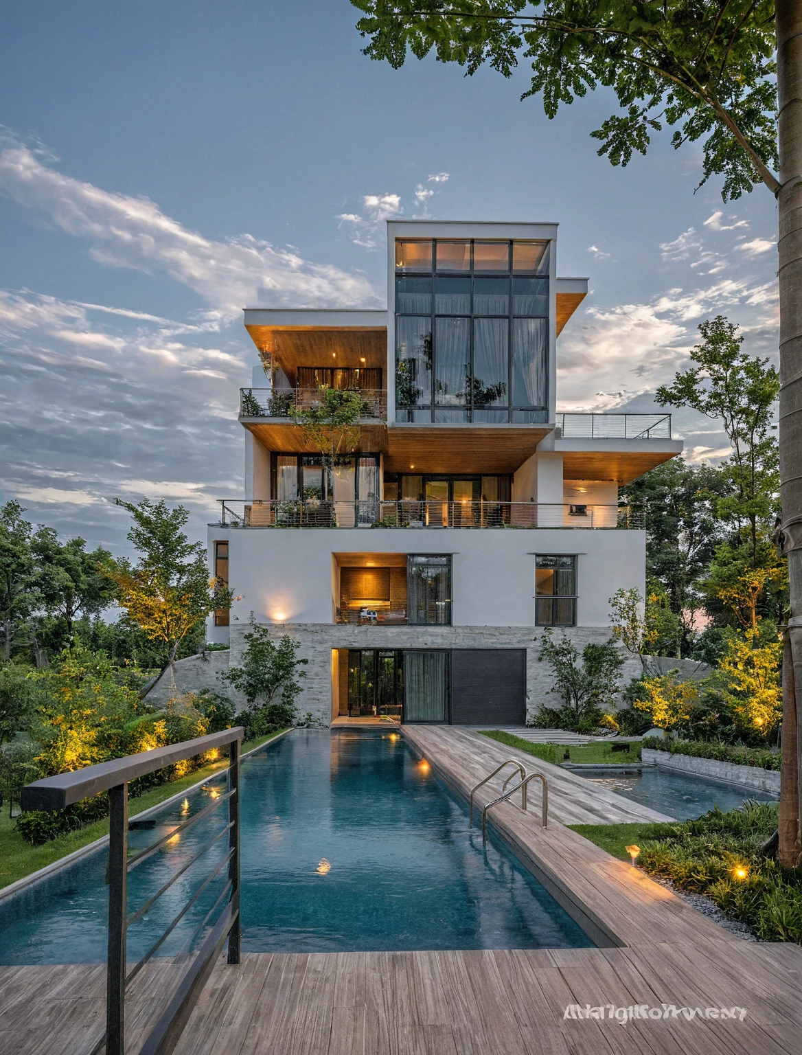 Masterpiece, high quality, best quality, authentic, super detail, outdoors, onestoreyvillaXL, aiaigroup, house style modern with pool , white wall ,pool,wood decking, pavement, grass, trees, dusk sky, cloud, (daylight:1.1)
