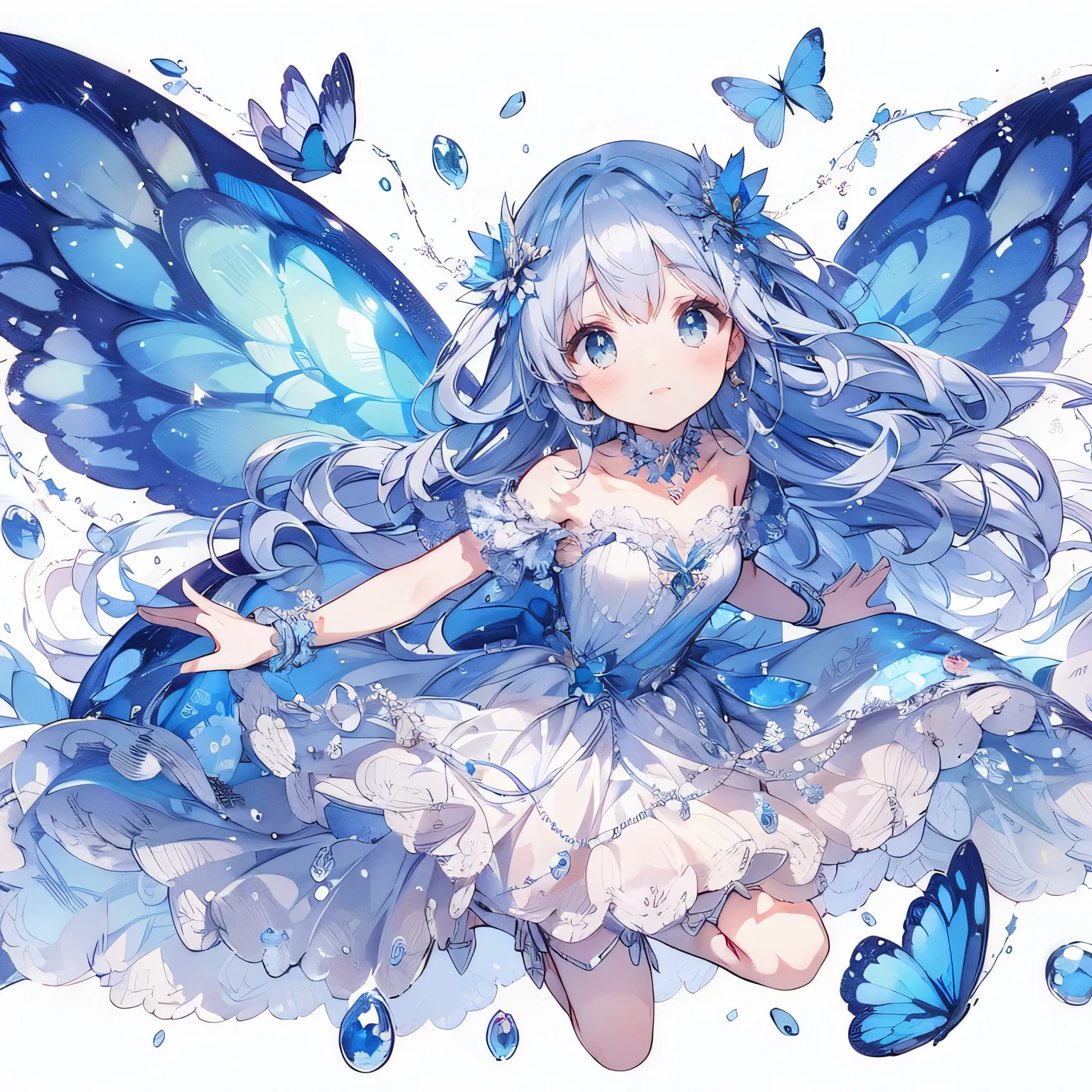 (Exquisite, beautiful, Very detailed, masterpiece, High resolution,high quality,High resolution),(Well-formed face,Soft and thin lines: 1.2, beautiful, Delicate and vivid illustrations with a mature and clear feel), Watercolor art style,The beautiful translucent lapis lazuli with butterfly-like wings is a little fairy princess flying in the sky with a smile in a lapis lazuli cave.,Lapis Lazuli Gemstones,(Transparent fairy wings grow from your back), (Dazzling Smile), (Lapis lazuli tiara, earrings and choker), Beautiful blue ball gown dress with lapis lazuli motif,Ribbons, lace and frills, (Pale pink blush, Plump pink lips,Large Bust,Fair skin, Good style),Bright colors,Eye-catching colors,Dynamic Angles,Dream Cute