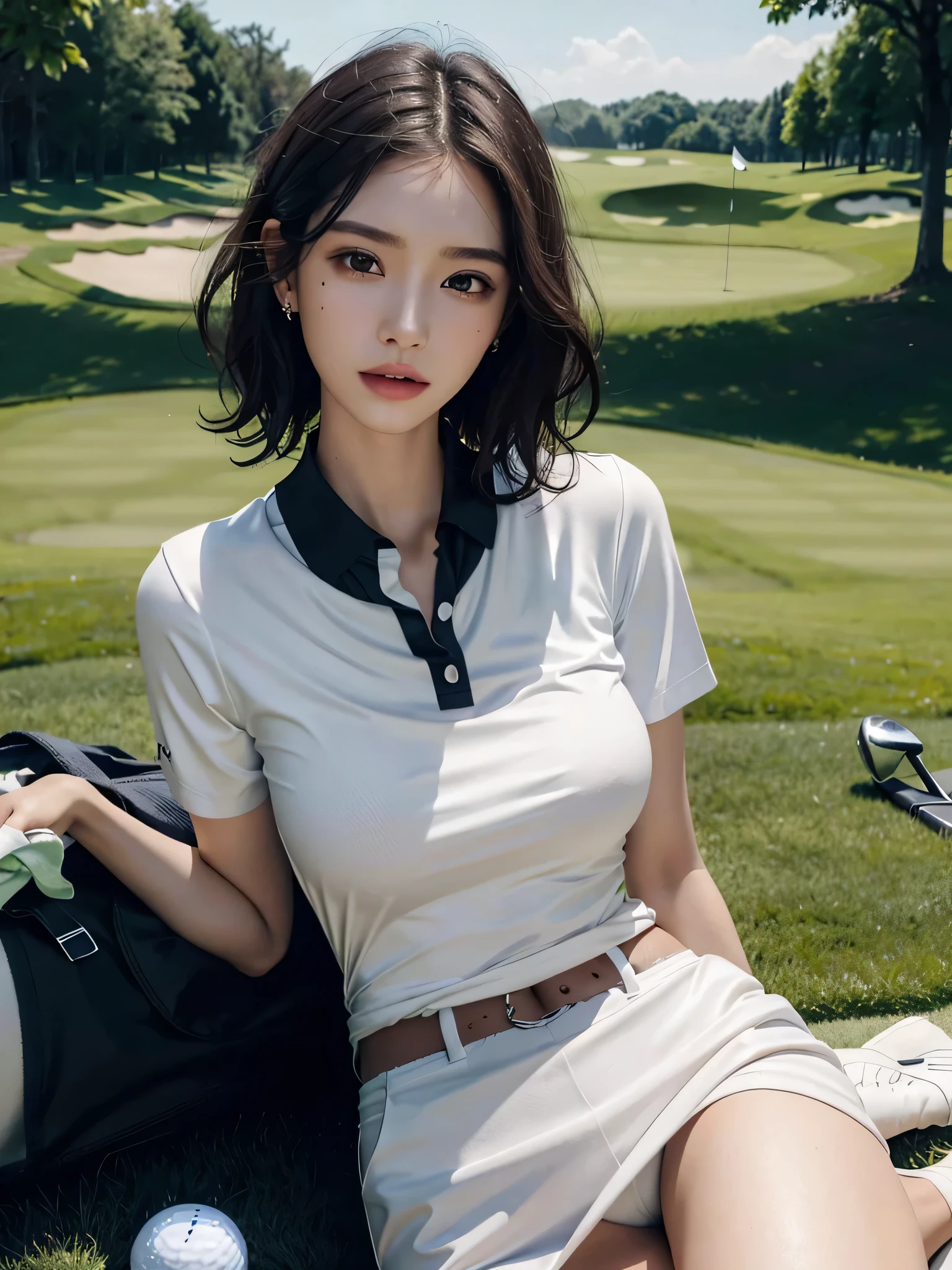 absurdres, RAW photo, extremely delicate and beautiful, masterpiece, Best Quality, ultra high resolution, 32k, hyperrealistic, ultra-detailed, perfect anatomy, perfect figure, super Detailed skin, 20 years old, very Slim body, narrow waist, very small head, very small face, delicate facial features, tearful mole, earring, thin legs, bare legs, ((very huge round breasts)), short medium hair, ((wavy hair)), wet clothes, (((golf uniform))),