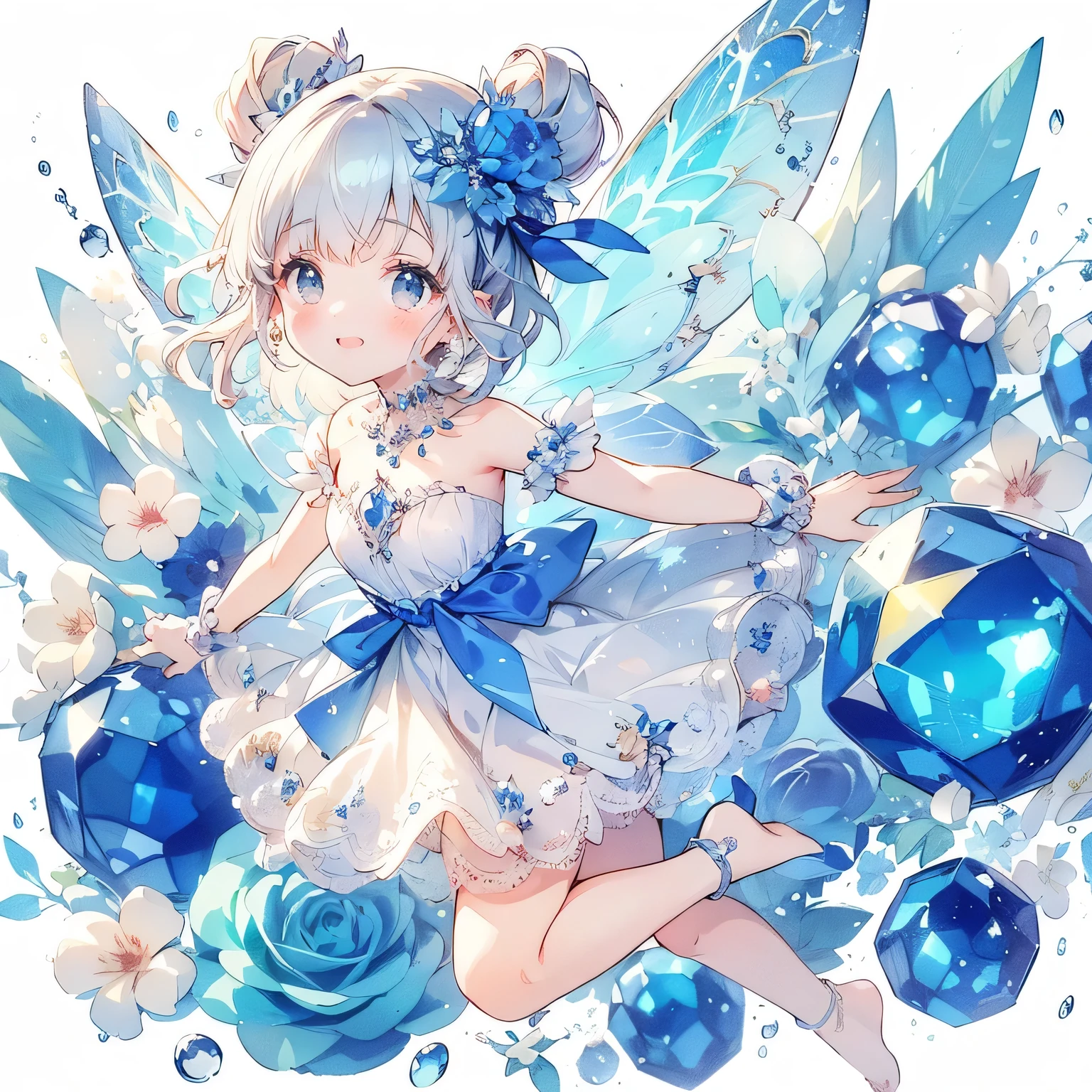(Exquisite, beautiful, Very detailed, masterpiece, High resolution,high quality,High resolution),(Well-formed face,Soft and thin lines: 1.2, beautiful, Delicate and vivid illustrations with a mature and clear feel), Watercolor art style,The beautiful translucent lapis lazuli with butterfly-like wings is a little fairy princess flying in the sky with a smile in a lapis lazuli cave.,Lapis Lazuli Gemstones,(Transparent fairy wings grow from your back), (Dazzling Smile), (Lapis lazuli tiara, earrings and choker), Beautiful blue ball gown dress with lapis lazuli motif,Ribbons, lace and frills, (Pale pink blush, Plump pink lips,Large Bust,Fair skin, Good style),Bright colors,Eye-catching colors,Dynamic Angles,Dream Cute
