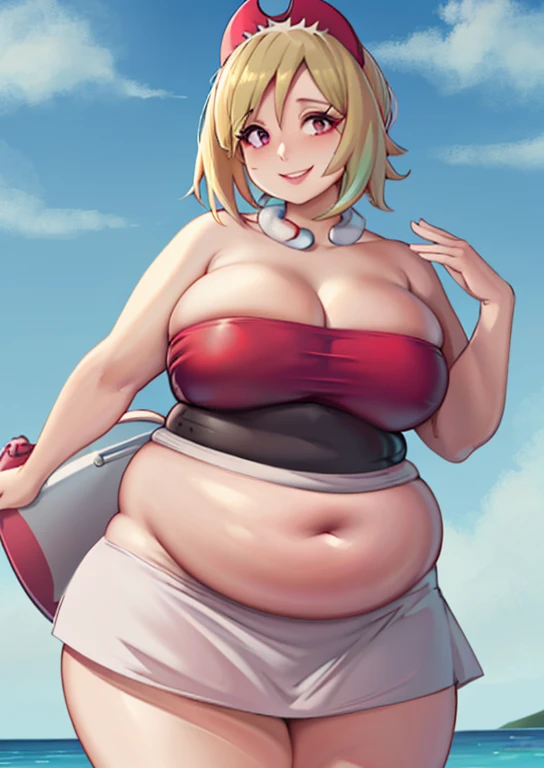 art by kipteitei, Irida, reddish pink tube top, white skirt, cleavage, obese body, round belly, intimate, looking to the right, smiling face, anime, hands behind body, no extra limbs, no extra fingers, 1girl, age 22