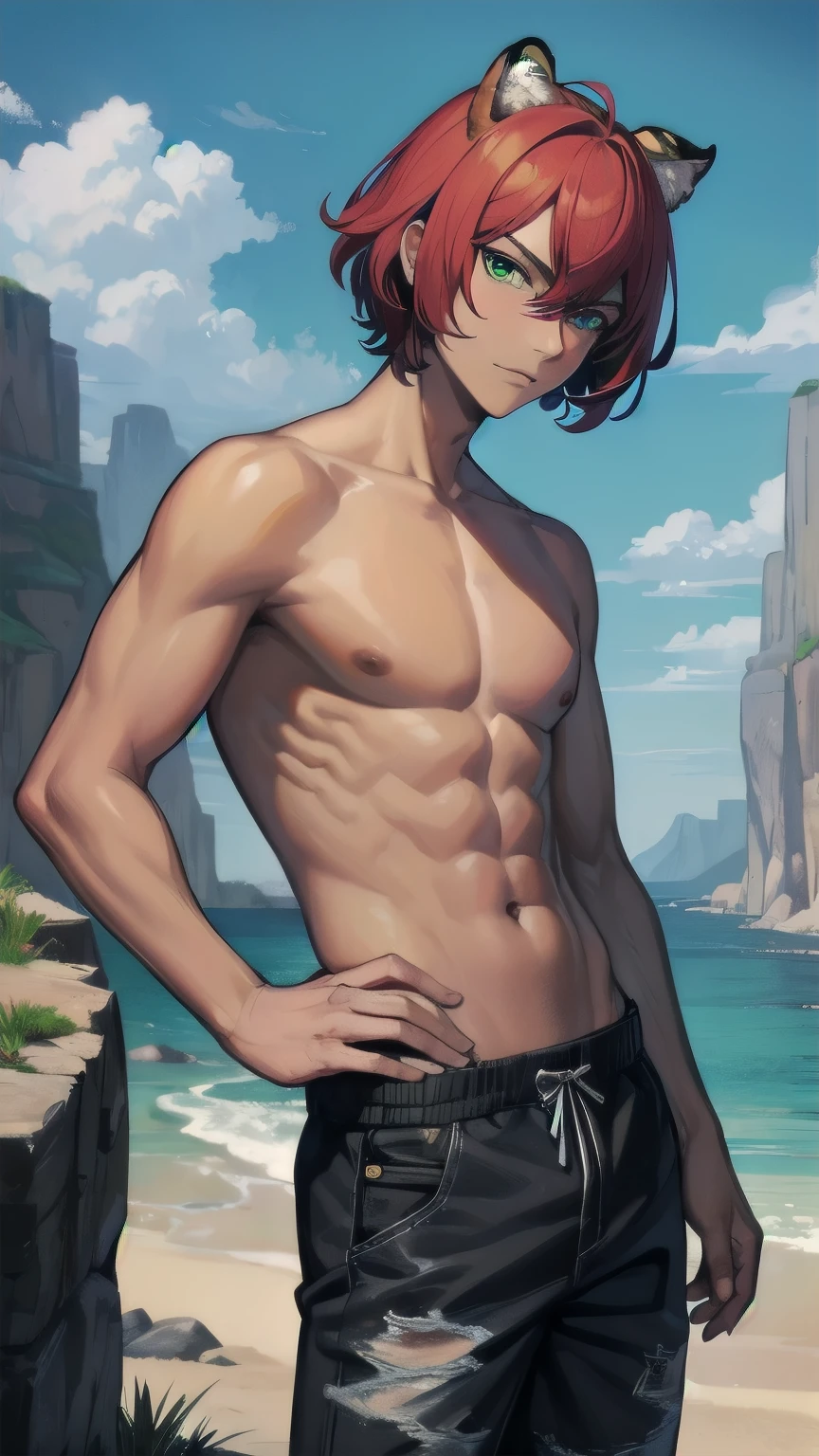 (masterpiece), ((sfw)), best quality, expressive eyes, perfect face, mature male, (1boy, adult Man, young adult, young man), solo, red hair BREAK bob cut, green eyes BREAK (tanned skin, tanned male), tiger ears, tiger-print pants, topless male, glaring at viewer, canyon, rocks, standing