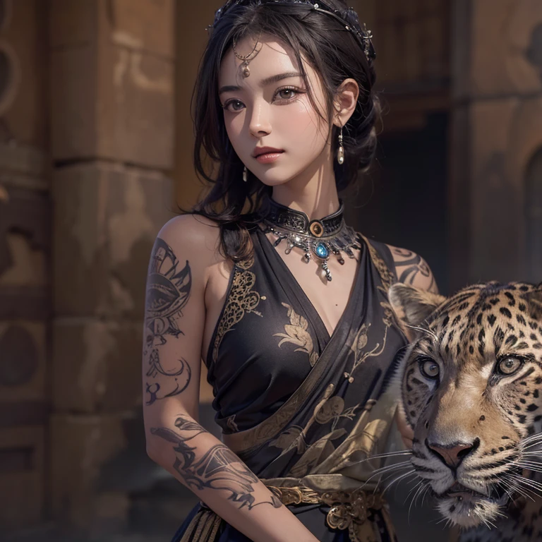 Hide in the desert、Hair flows、 ((highest quality、masterpiece、8k、best image quality、ultra high resolution、Award-winning work)、(accurate anatomy:1.1)、(look at me and smile:1.1)、Shining fair skin with ultra high resolution、most detailed face、ultra high resolution detailed face、ultra high resolutionの髪の毛、(ultra high resolutionの煌めく瞳:1.1)、Beautiful face drawn in every detail、(blurred background:1.1)、ancient Islamic clothes, chest together, tattoo, Old ruins in the background、black leopard