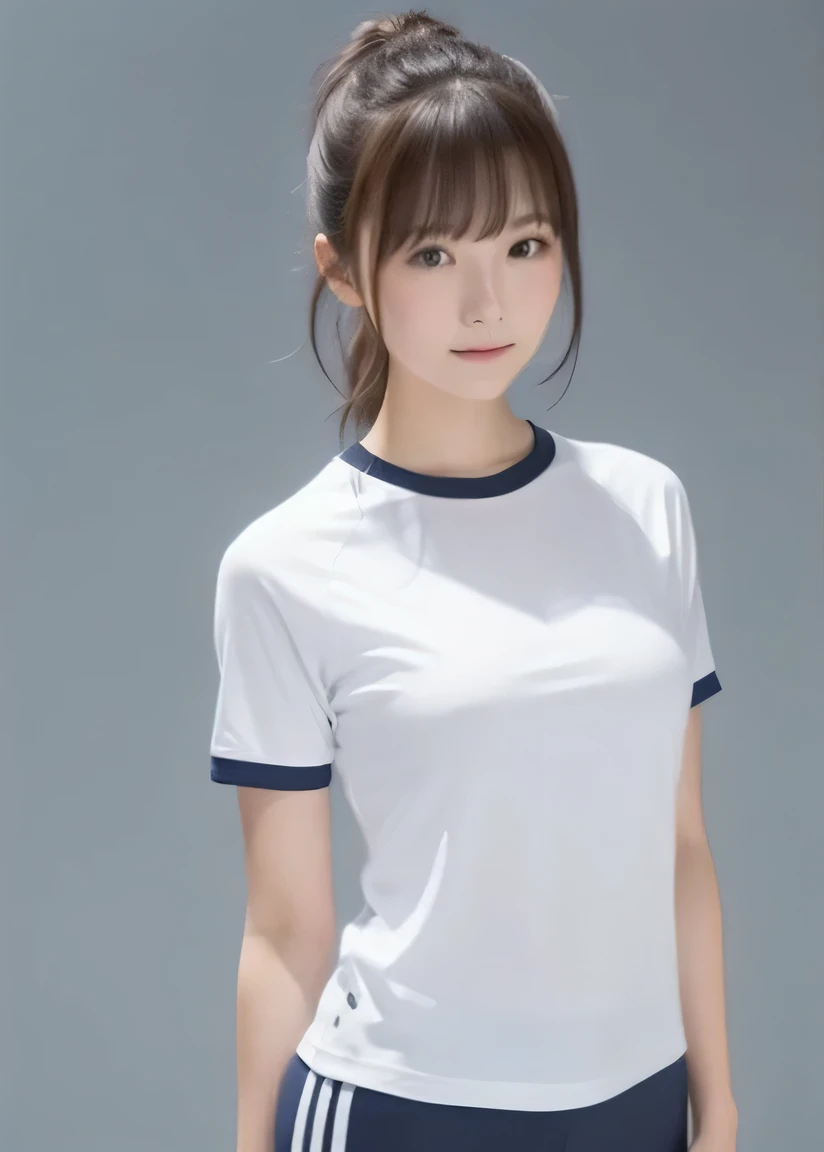 masterpiece,best quality,higher , 1girl, plain shirt, solo, gym uniform, realistic, plain white shirt, buruma,beautiful face,face focus,(simple background:1.3), ,  ((arms at sides down)),full sleder body photo ,(Do not enphasize the top of bust), 
