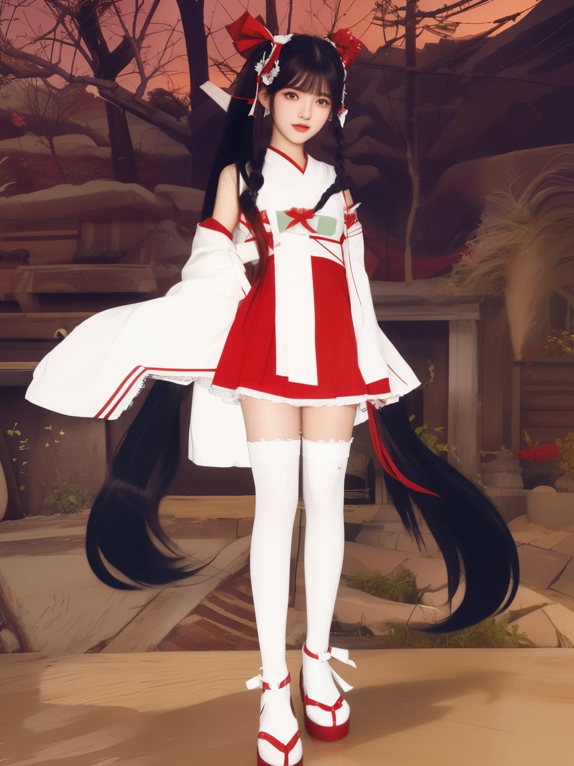 garota anime em um vestido vermelho e branco e meias brancas, estilo azur lane, twintails brancos_luvas, ((vestindo manto aristocrata)), Onmyoji, twintails, cotton cloud wizard robes, do videogame azur lane, mago de cabelo preto, Reimu Hakurei, vestindo costelas douradas, vestes azuis escuras e brancas