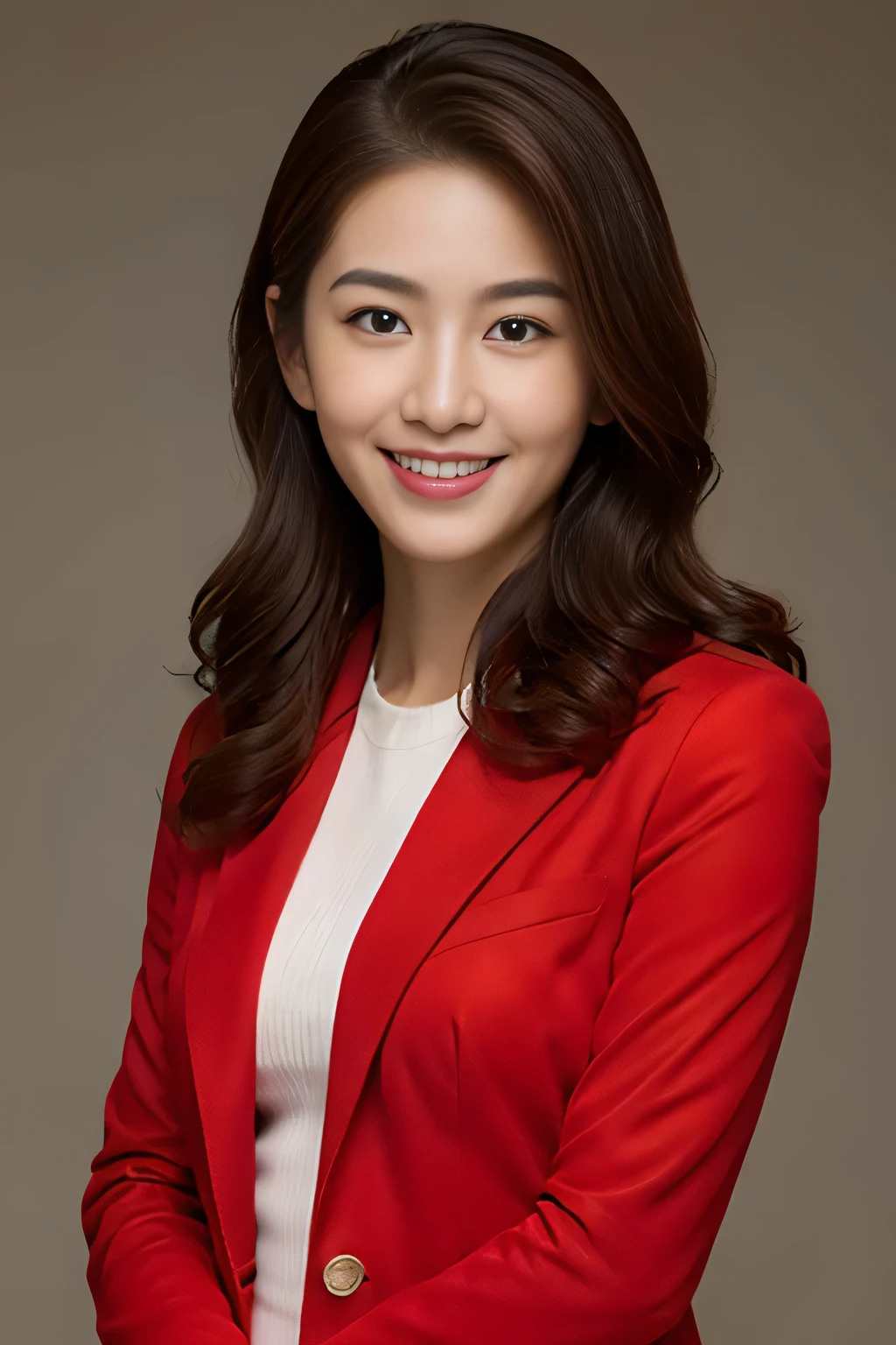 Best image quality、Ultra-high resolution、1 girl、Pretty Face、Wearing a long-sleeved tight red suit、Smile,Round Face,Long glove
