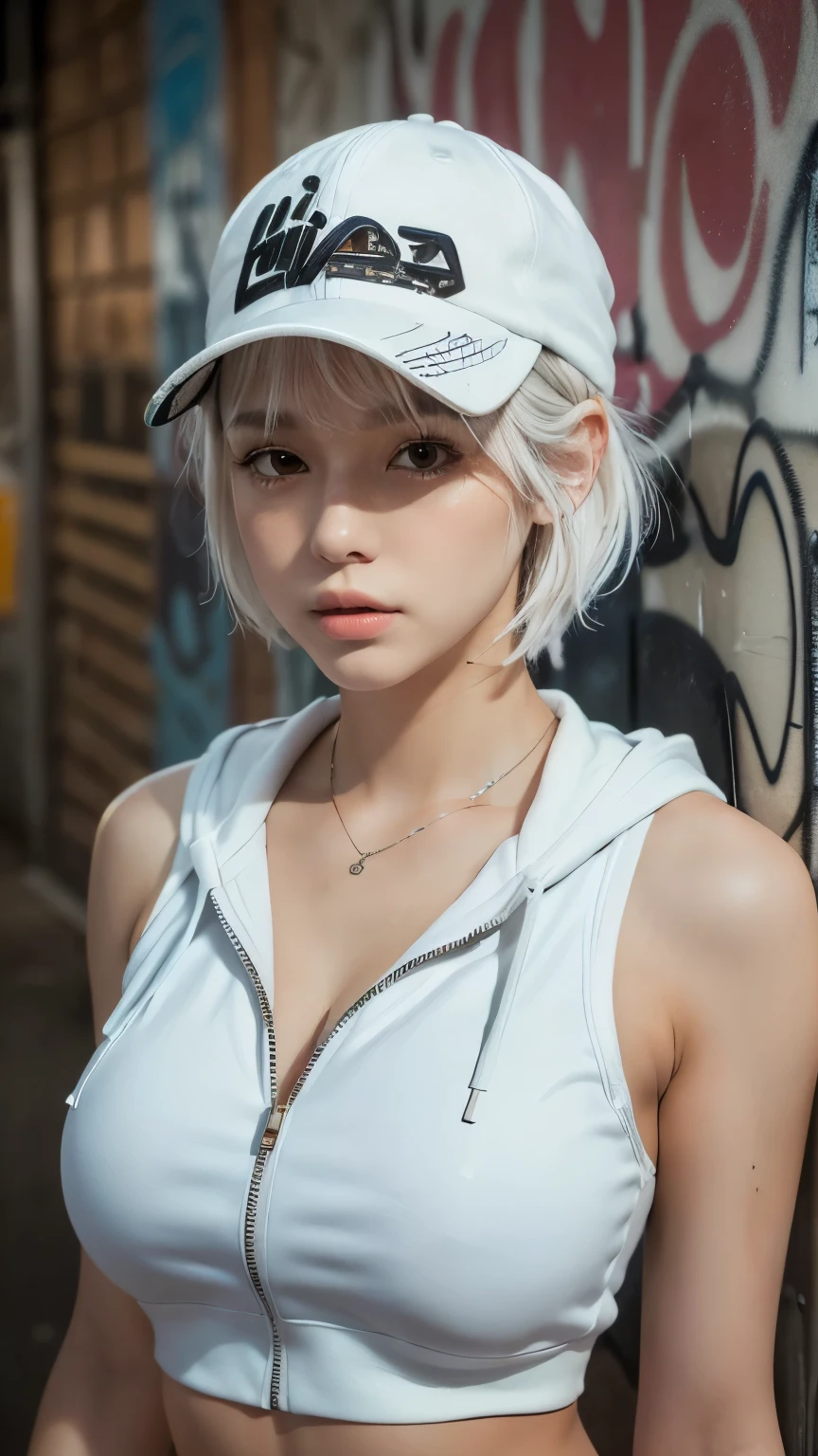 masterpiece, highest quality, Very detailed, 8k, Realistic, One Girl, alone, Tomboy, Very detailed face, (head shot:1.5), Standing in front of a wall covered in hip hop graffiti, Pixie cut white hair, He is wearing a short tank top and an open-zipped hoodie..,I can see your chest,Nice ass,Wear a New Era cap