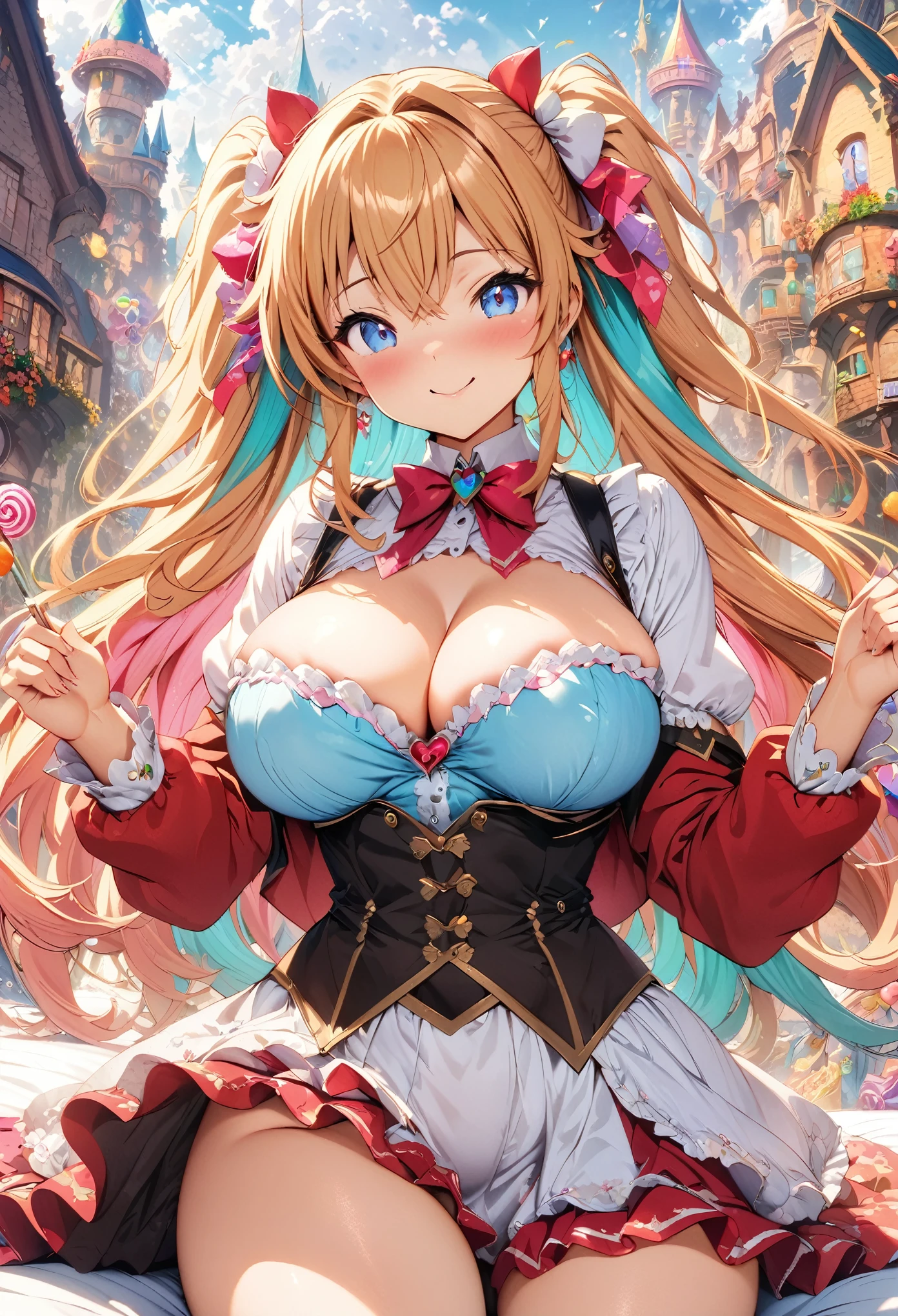 ((masterpiece, highest quality, Best image quality, High resolution)), ((Highly detailed CG synthesis 8k wallpaper)), candyland, Candy Kingdom, Candy Castle, Fairy tale world, Candy house and juice fountain rainbow lined up, colorful, pop, Fantasy, dream-like, smile,Anime Girls with big breast posing on bed in uniform, seductive Anime Girls, attractive Anime Girls, Anime Best Girl, cute Anime Girls, (SFW) Safe at Work, Anime Girls, Anime Moe Art Style, pretty Anime Girls, beautiful Anime Girls, Smooth anime CG art, an Anime Girls, Naughty anime style, Naughty, Anime Girlss, Surreal