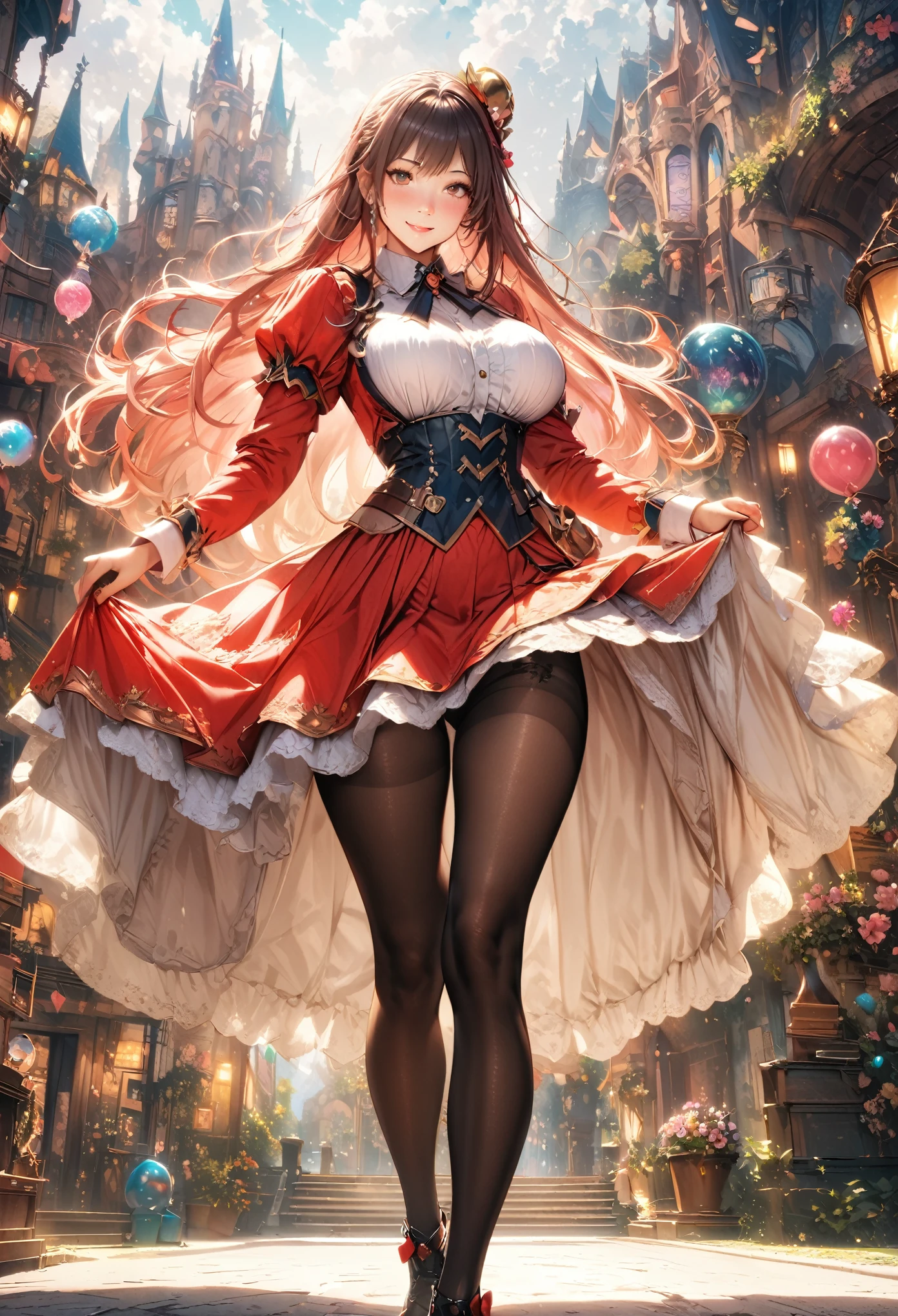 ((masterpiece, highest quality, Best image quality, High resolution)), ((Highly detailed CG synthesis 8k wallpaper)), One girl、candyland, Candy Kingdom, Candy Castle, Fairy tale world, Candy house and juice fountain rainbow lined up, colorful, pop, Fantasy, dream-like, smile,アニメの*** with big breast posing on bed in uniform, seductive (masterpiece:1.2, highest quality), (Realistic, photoRealistic:1.4), Beautiful illustrations, (Natural Side Lighting, Cinema Lighting), Written boundary depth, Looking at the audience,Front view, 1 girl, 、Perfect Face, Symmetrical cute face, Shiny skin, Random Hairstyles、Big eyes, Droopy eyes, long eyelashes chest), thin, Beautiful thighs、Tall and beautiful hair, Beautiful Face, Beautiful and beautiful eyes, Beautiful clavicle, Beautiful body, Beautiful breasts, Beautiful thighs, Beautiful legs, Beautiful fingers, ((High-quality fabric)), (Beautiful views), evening, , Are standing, (smile), (((Skirt flip, Panties and pantyhose are visible)))