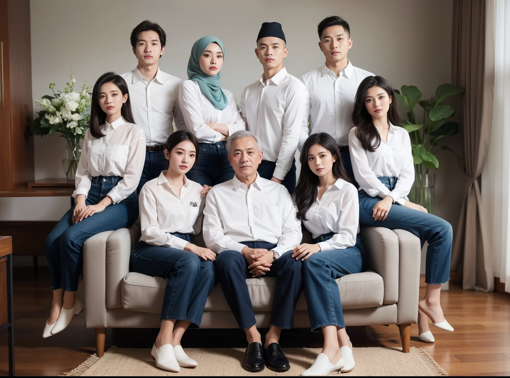 family photo in Indonesia, nine members, father aged 60, mother (hair in a bun) aged 61, sitting with a 30-year-old woman, three women and three men standing behind the sofa, all wearing coordinated white formal shirts and navy blue jeans, hijab, photo taken in a studio, professional pose, bright living room background, green flower vase, UHD, 32k