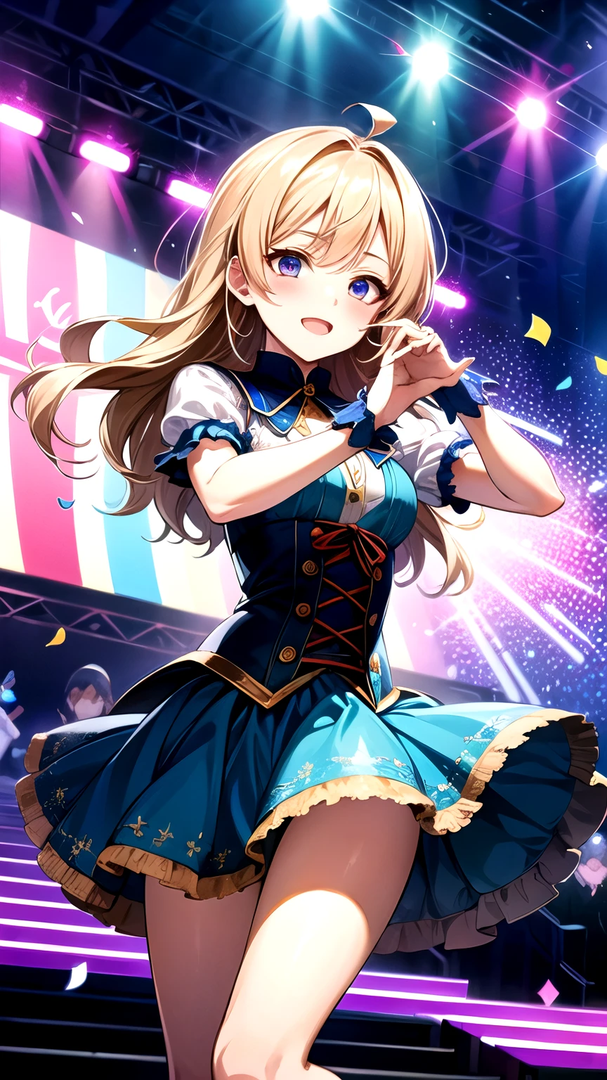 Idol girl wearing a dress and dancing on stage with confetti, Photo credit：Camagurkha, pixiv Contest Winner, Conceptual Art, Nightcore, Splash art anime , Sparkling Magical Girl, Best Anime 4K Konachan Wallpaper, Anime Moe Art Style, Detailed Key Anime Art, Official artwork, Idol Master, cute, cute in dress、Show your hand、Jump