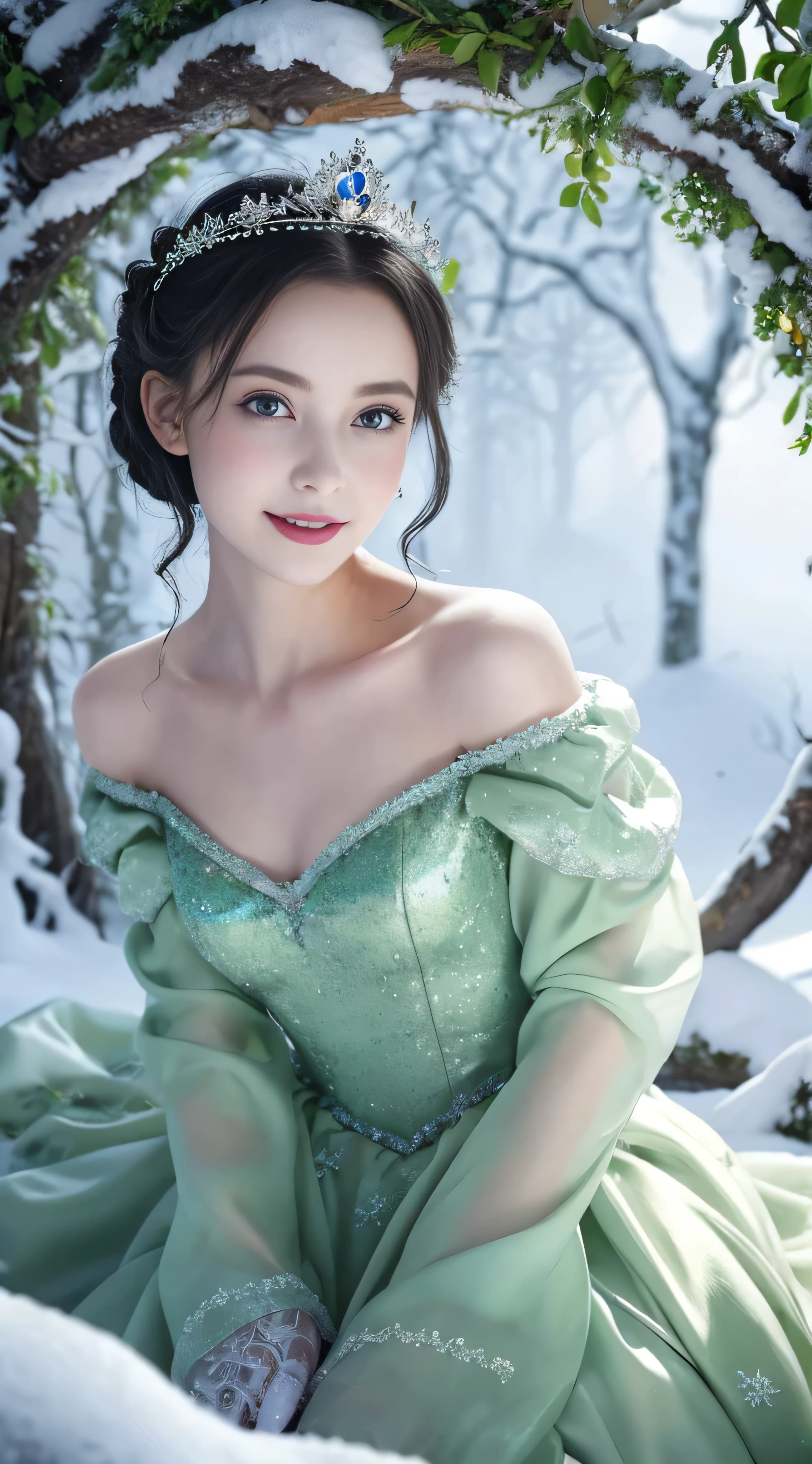 Best Quality, Ultra-detailed, Realistic:1.37, White snow, queen, lush green forest, Sparkling magic mirror, magic apple, Pure princess, fairy tale stage, Magical atmosphere, storybook illustration, Mystical elements, Dark and light contrast, Elegant gown, Princess, reflection, Malice, magical forest creatures, sparkling stars, Mystical charm, Snowy landscape, mirror shard, Royal crown, Delicate snowflakes, Innocent beauty, mesmerizing eyes, Poison apple, Eerie sounding, Eerie silence, Surreal compositions, Dramatic Lighting, Fantasy Realm, enchanted castle, Golden accent, Forbidden desires, Apple tree, Breathtaking details, Glass-like surface, magical transformation, A queen's cold stare, Undeservedly beautiful, Vibrant colors, , a baby face, childish, Off-shoulder dress, A smile, Voluminous mini skirt, zettai ryouiki, thigh highs, I keep my hair up and short, Shot from directly above, Looking at the camera,