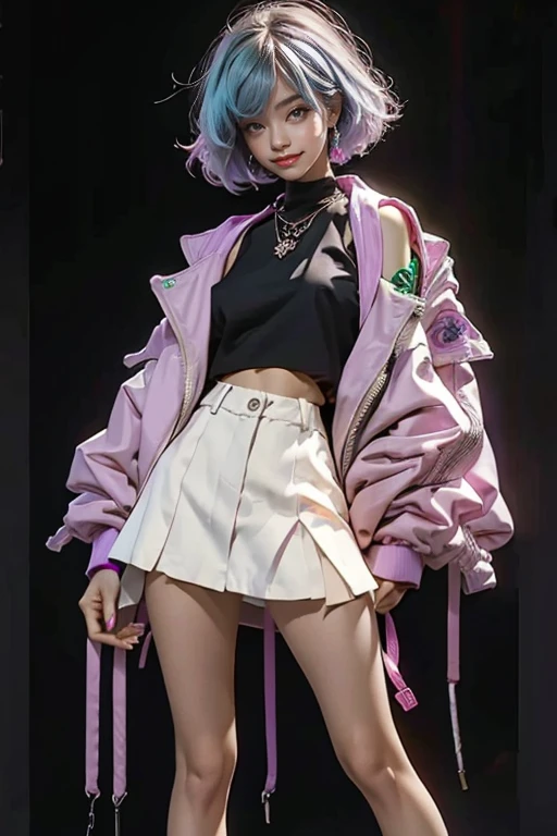 highest quality, Very detailed, masterpiece, 1 person,woman,(((完璧なwomanの体))),Very beautiful face, Very beautiful body,Gentle expression, Very beautiful eyes,(Perfect Makeup:1.1),Fashion Model,Cyberpunk Fashion,short hair,Shaggy Hair,Fluorescent pink and blue hair:1.3, Very thin body,Smart Abs, Black and purple cyberpunk short outfit, Fluorescent pink and blue mini skirt,necklace,anklet,Two-tone high-top sneakers,A kind smile,Full body portrait,(Street background:1.3), (Shiny skin),(Earrings), A very bright and shiny jade medallion, The medallion emits a strong green light,