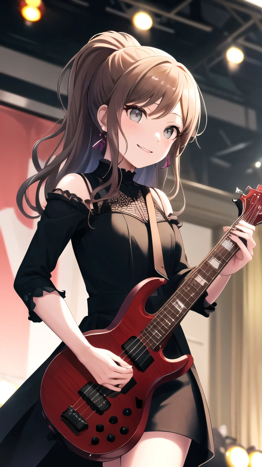 masterpiece, highest quality, High resolution, Arisa, Long Hair, ponytail, Grey Eyes, Earrings, Rose, Hair Flowers, For the mini, No sleeve, Ruffled Dress, Black Dress, Gothic, Hold the utensils, guitar, stage, smile,