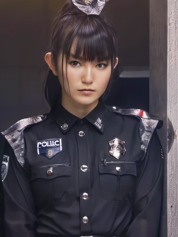 a beautiful picture of suzuka nakamoto XL, detailed skin texture,masterpiece, photorealistic, woman, 4k, backlighting, light, RAW color photo,(fully in frame:1.1), (blush:0.5), (goosebumps:0.5), wearing a (police outfit:1.3), full body view 