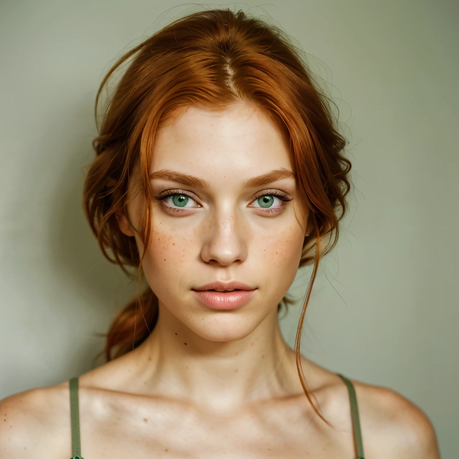 (medium shot editorial photo of 35 yo gorgeous super model woman, ginger hair, slim American sweetheart), (freckles:0.8), (lips parted), realistic green eyes, POV, realistic[:, (film grain, 25mm, f/1.2, dof, bokeh, beautiful symmetrical face, perfect sparkling eyes, in bikinis well defined pupils, high contrast eyes, ultra detailed skin, skin pores, vellus hair, fabric stitching, fabric texture, wood grain, stone texture, finely detailed features:1):0.9]